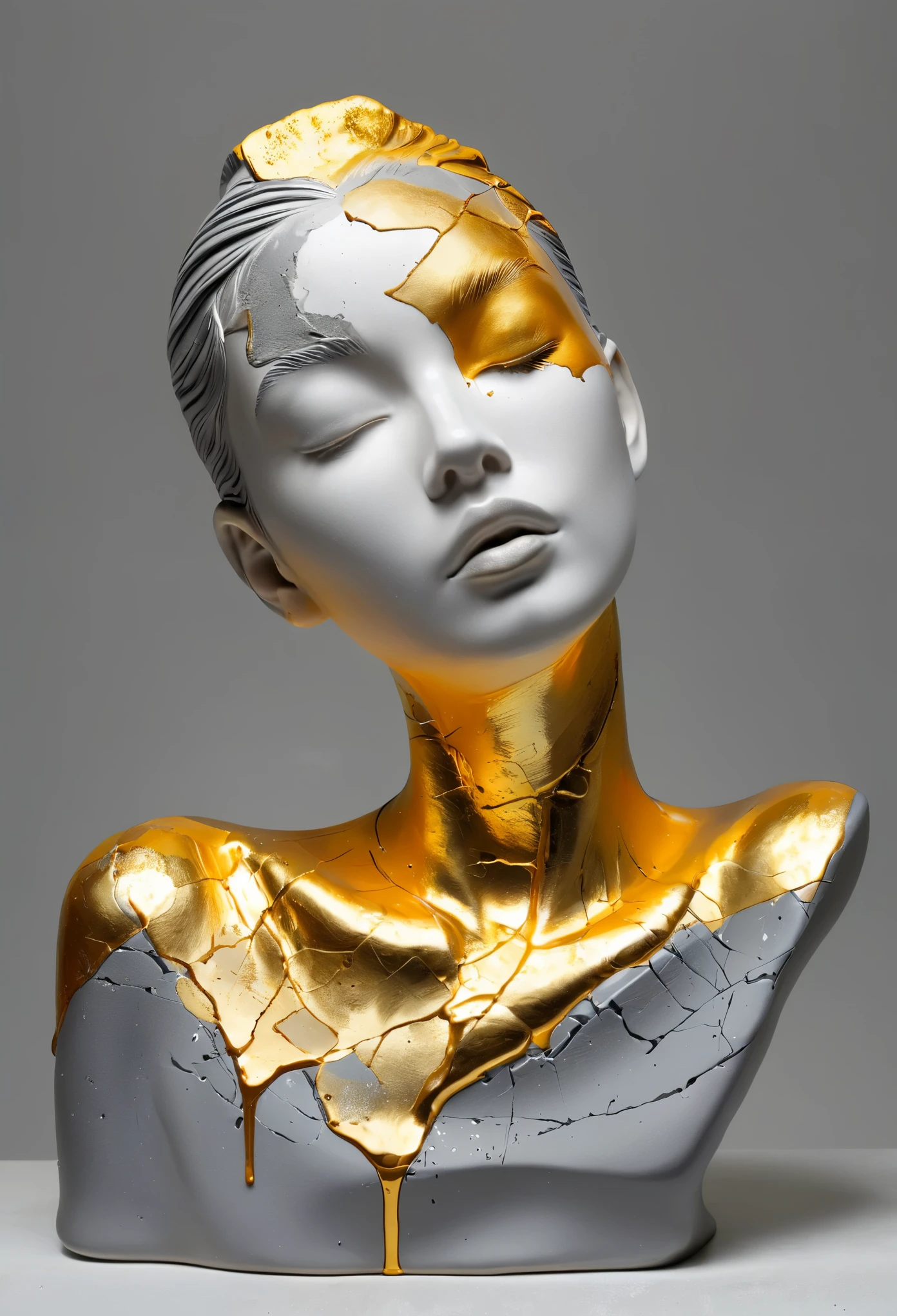 ((display，Still life table，Artistic statues，3D Sculpture，ceramics，Surface cracks，Shattered Texture)), Showing the beauty of nature.gold，Golden powder， This artwork is presented on a grey background，To emphasize its artistic quality.
