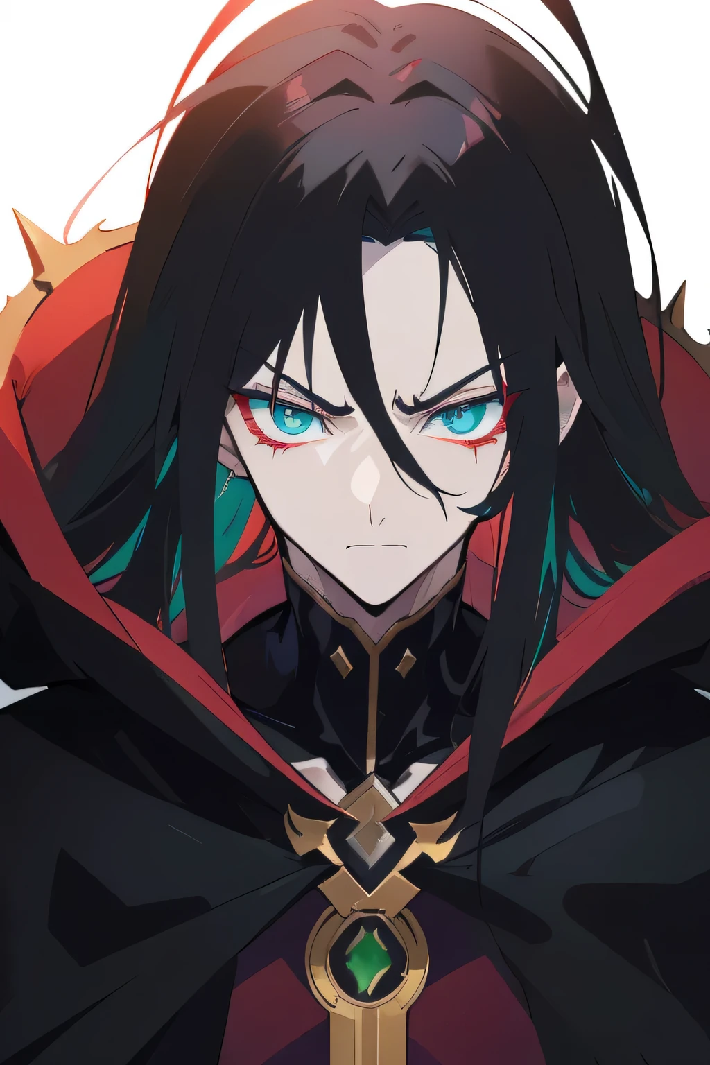 Close-up of (male anime character:1.3), (intense gaze:1.2), (dual-colored eyes:1.3) with one red and one green, spiky black hair, furrowed brows, (serious expression:1.2), shadowed face, (black cloak with golden trim:1.1), visible scar over left eyebrow, high-detail digital illustration, (dark background:1.1), anime style, strong facial features, contrasting colors, focused demeanor,