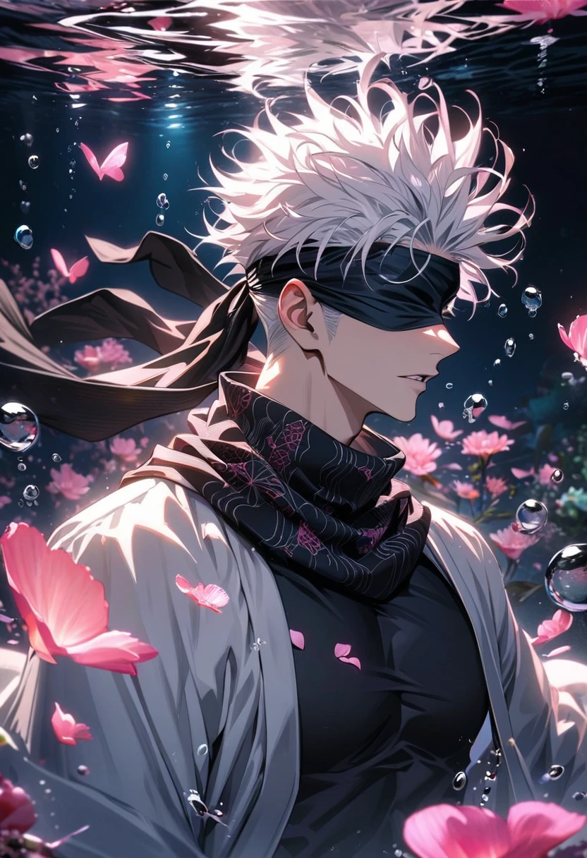 Ultra detailed, Highres, HDR, absurdres, Gojou Satoru, white hair, blindfolded eyes, black scarf, white haori with patterns, black tight shirt, sexy man, extremely handsome, solo, very detailed face and eyes, Jujutsu Kaisen, pink butterflies, petals, pink flowers, underwater, bubbles,