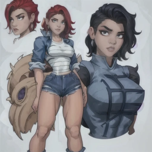 Mujer, 18 years old, adolescente, camisa blanca, lumberjack jacket, busto normal, pelo rojo, pelo corto, ojos muy abiertos, aretes, maquillaje, blue jeans, zapatos deportivos, sonrisa, seen at different angles, concept art, character design, anatomically correct, alta calidad
