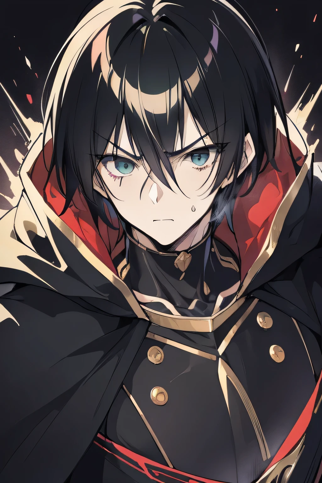 Close-up of (male anime character:1.3), (intense gaze:1.2), (dual-colored eyes:1.3) with one red and one green, spiky black hair, furrowed brows, (serious expression:1.2), shadowed face, (black cloak with golden trim:1.1), visible scar over left eyebrow, high-detail digital illustration, (dark background:1.1), anime style, strong facial features, contrasting colors, focused demeanor,
