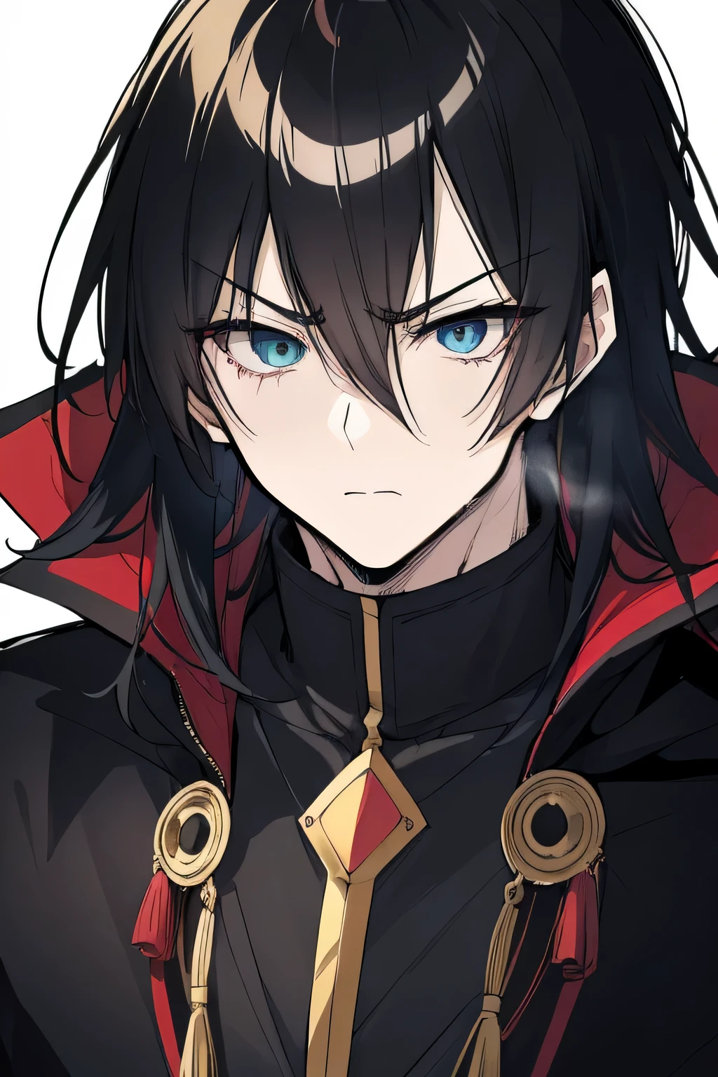  Close-up of (male anime character:1.3), (intense gaze:1.2), (dual-colored eyes:1.3) with one red and one green, spiky black hair, furrowed brows, (serious expression:1.2), shadowed face, (black cloak with golden trim:1.1), visible scar over left eyebrow, high-detail digital illustration, (dark background:1.1), anime style, strong facial features, contrasting colors, focused demeanor,
