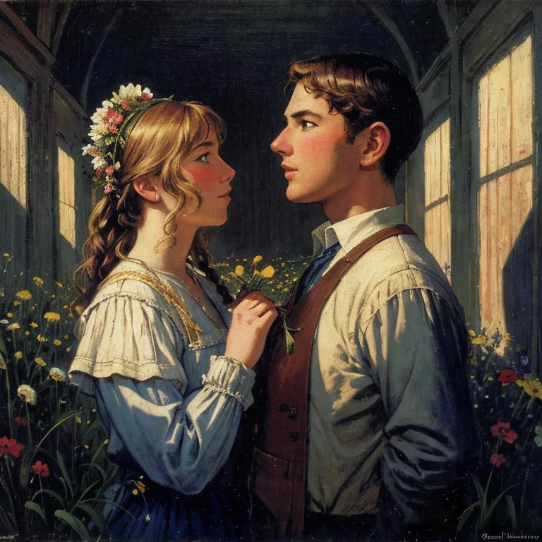 painting of a boy and girl kissing in a field of flowers, peasant boy and girl first kiss, ( art fitzpatrick ), boy girl traditional romance, romance novel cover, by Harold Sandys Williamson, by Art Fitzpatrick, by Robert Alwyn Hughes, by Jon Whitcomb, boy and girl, by Roy Dalgarno, angus mcbride, by John Philip Falter