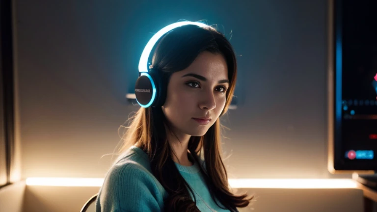 4K,beautiful women,headphone,SF,Illustration, science fiction artwork,light blue neon,gaming