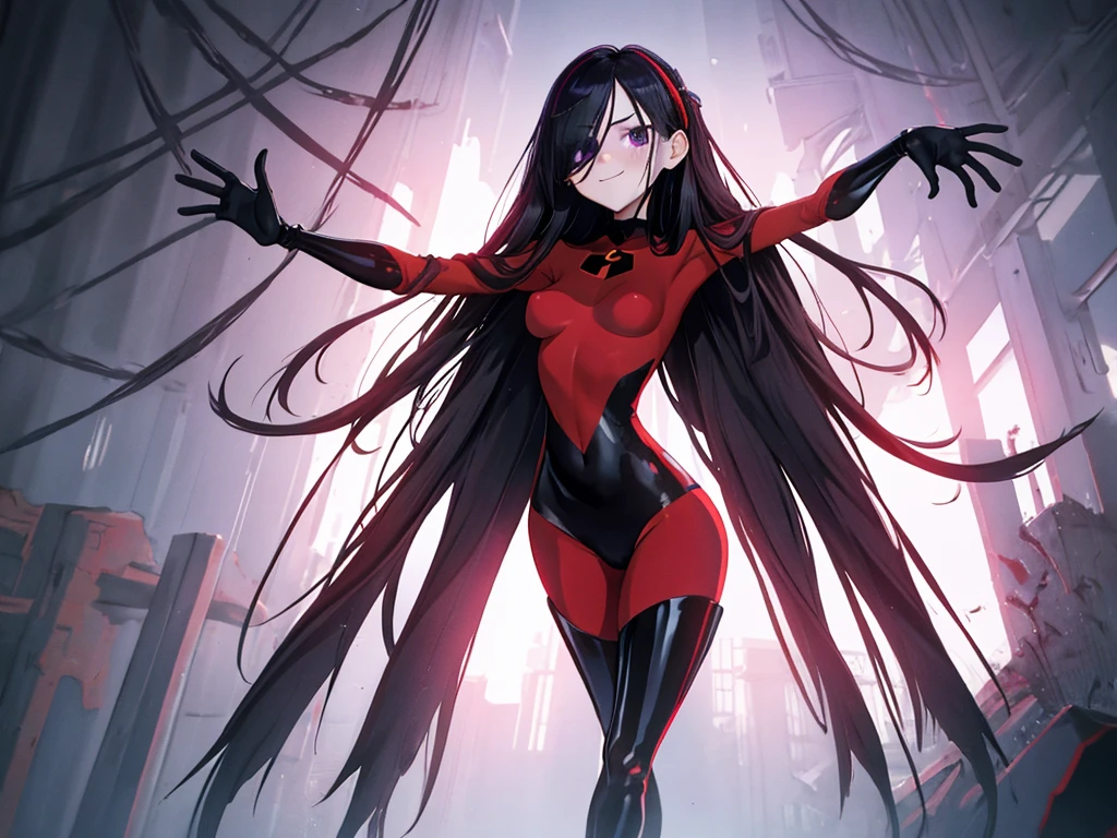 (full body),masterpiece, highest quality, One girl, Violet Par, mask, Long Hair, Black Hair,  Hair on one eye,  (Red hero suit)，Red bodysuit，black elbow gloves，Black Thigh Boots，Thick thighs，Squat，Spread your legs，Raise your arms back， View your viewers, smile, Simple Background 