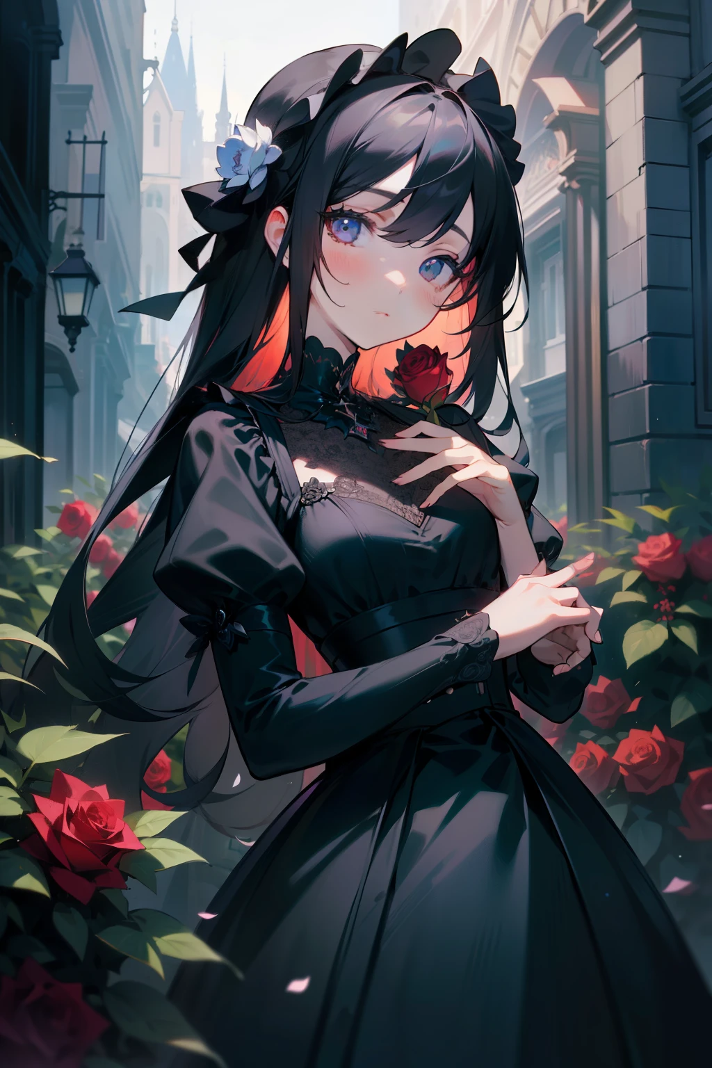 (need,masterpiece), (One girl, alone, Black Dress, Are standing, View your viewers, Black Hair, Iris, Roses in hand, Upper body), Street view,Attractions