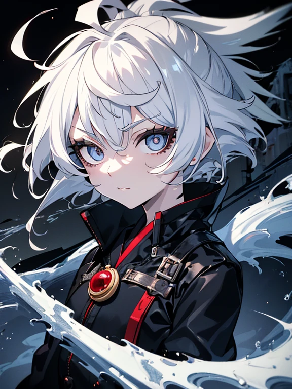 (Masterpiece, Best quality, ultra high resolution),1woman,white hair,short hair,((oni girl 👹)),((bols look)),(black jacket),beautiful and detailed face, detailed eyes, looking at the viewer,(grey theme),in a park,night,close jacket,(spiky hair), (Thick hair),(aesthetic clothings),fringe