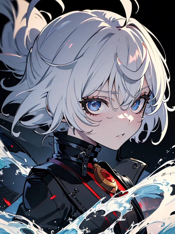 (Masterpiece, Best quality, ultra high resolution),1woman,white hair,short hair,((oni girl 👹)),((bols look)),(black jacket),beautiful and detailed face, detailed eyes, looking at the viewer,(grey theme),in a park,night,close jacket,(spiky hair), (Thick hair),(aesthetic clothings),fringe