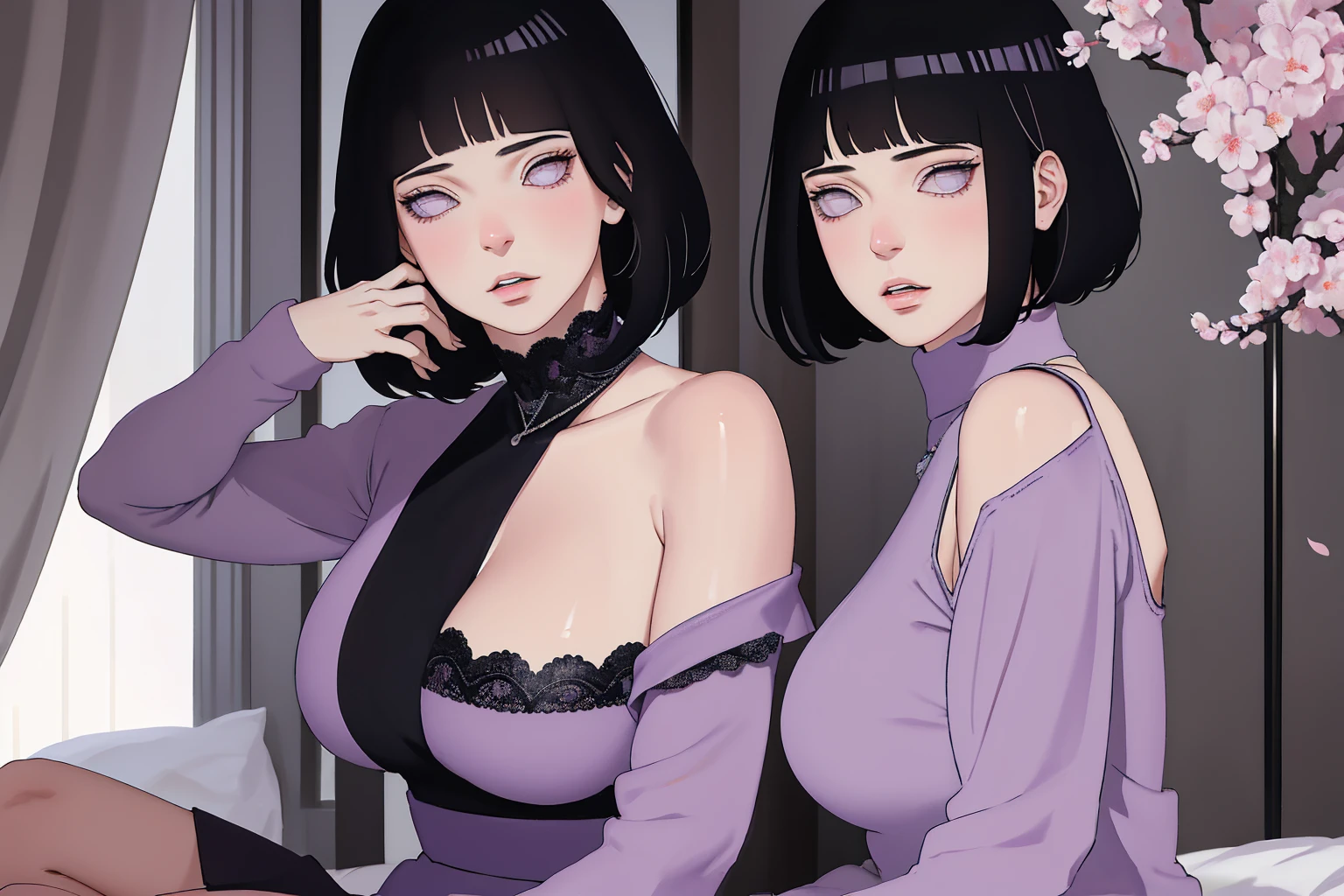 { - anatomy error} (Masterpiece - Ultra-detailed, very high resolution) (huge titusty, masterpiece, absurdres, hinata\(boruto\), 1girl, solo,mature female, off-shoulder bra, high waist black short skirt, looking at viewelling petals), perfect composition, detailed lips, big breast, beautiful face, body propotion, blush, (pink lips), short hair, (black hair), purple eyes, soft gaze, super realistic, detailed, photoshoot, realistic face and body, closed mouth, sitting on the bed , lilac eyes, upper body, lace clothes, backwards, looking back, with chin resting on shoulder, perfect fingers