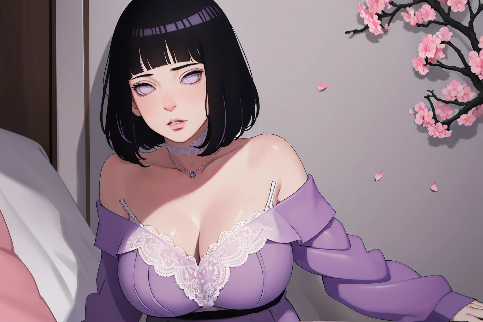 { - anatomy error} (Masterpiece - Ultra-detailed, very high resolution) (huge titusty, masterpiece, absurdres, hinata\(boruto\), 1girl, solo,mature female, off-shoulder bra, high waist black short skirt, looking at viewelling petals), perfect composition, detailed lips, big breast, beautiful face, body propotion, blush, (pink lips), short hair, (black hair), purple eyes, soft gaze, super realistic, detailed, photoshoot, realistic face and body, closed mouth, sitting on the bed , lilac eyes, upper body, lace clothes, backwards, looking back, with chin resting on shoulder, perfect fingers