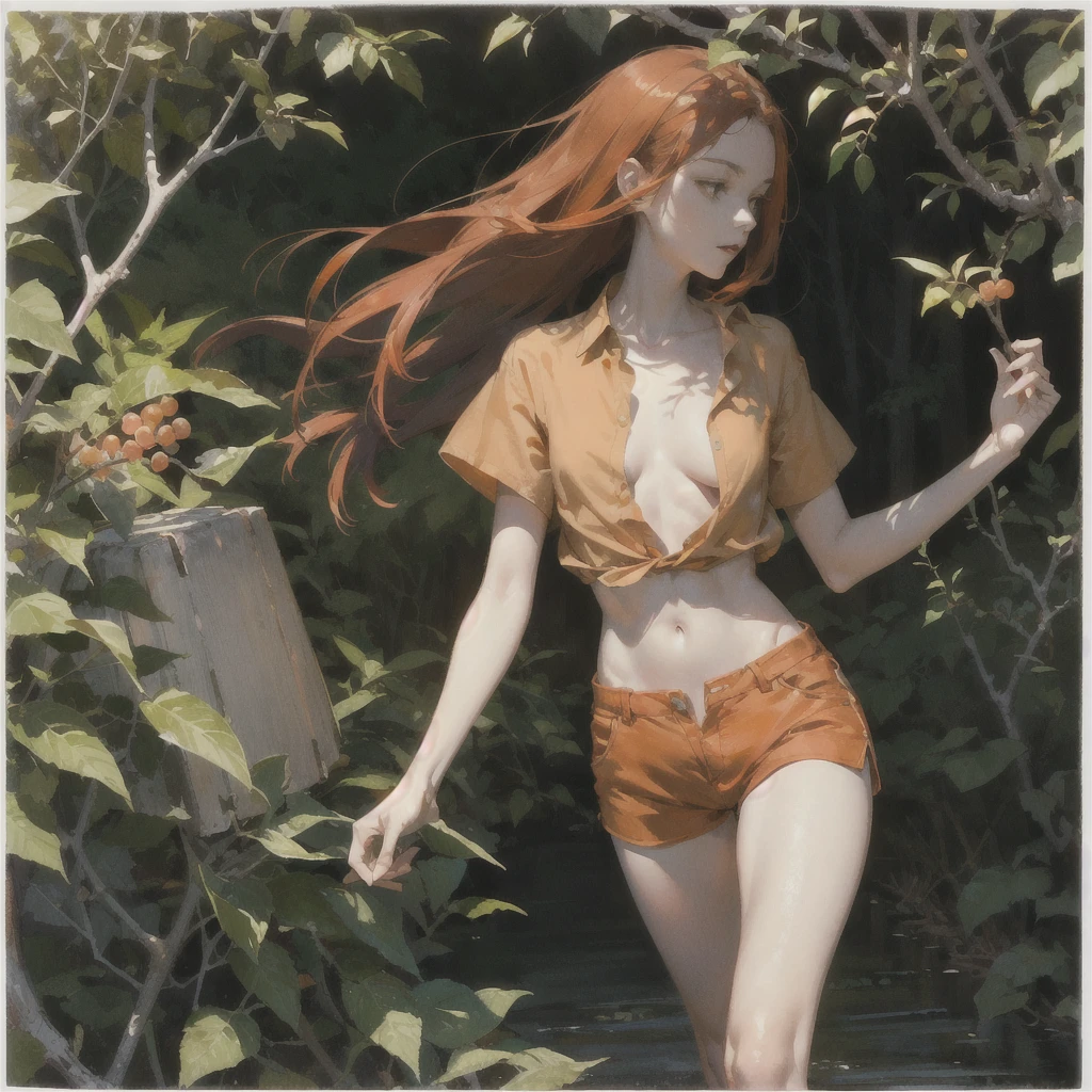 Beautiful slender thin exquisite (nude) girl with a perfect face of the southern type with red hair with tender breasts with tender nipples barefoot with bare hips ((with red pubic hairs)) ((in an unbuttoned open light orange shirt over his naked body and short light orange shorts)) walks along a brick road in the middle of a flowering field, in a gentle watercolor style, Discreet shades, sfumato, haze, diffused dim light, delicate mint shades, imitation of film photography, (olive and grape groves, Brick Road)
