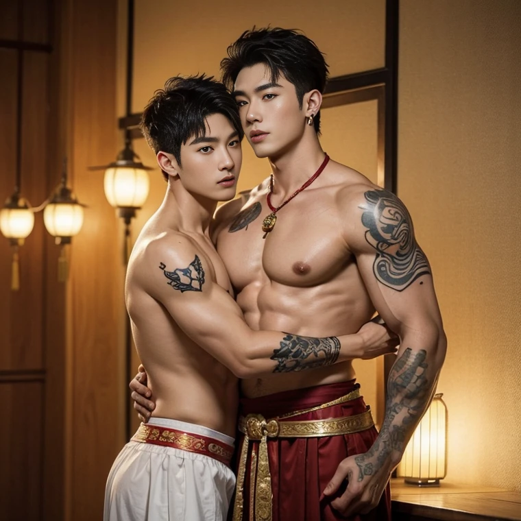 ( safe for work),Two handsome boys kissing, smiling at each other,hugging, kissing, touching lips, cuddle, romantic,skin ship, Chinese Men cGod, Mythology, realistic, Chinese odyssy, super Handsome,manly, kpop idol, handsome korean actor, 20 years old,, detailed face, manly jawline, detailed mess curly styling hair, Topless, Muscles, big breast Athlete body, Full Frame,full body shoots, realistic, human skin, tattoo breast, Professional studio Lighting, long red tibet wedding Outfit, jade and golden pendent all over , detailed jewery in dress, earings,Chinese ancient wedding Background,out door, super detailed background,look at camera , open mouth, thin Underneathe Underwear, tibet Warrior, Hanfu red wedding dress, tibet Male, tibet Nobel, Seduce , bare chest , tattoo chest, tattoo arms, tattoo hands, tattoo back, tattoo legs , tattoo belly, big juicy butts,