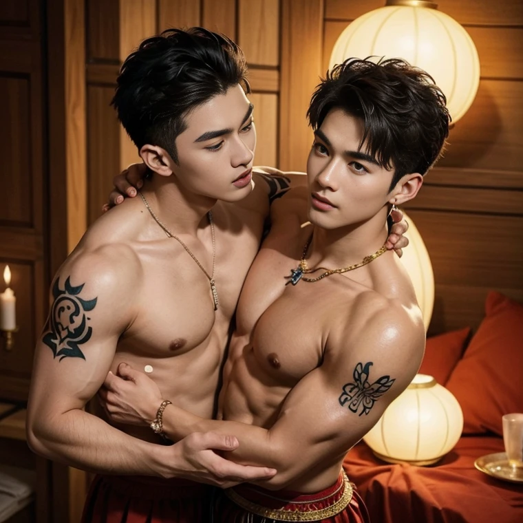 ( safe for work),Two handsome boys kissing, smiling at each other,hugging, kissing, touching lips, cuddle, romantic,skin ship, Chinese Men cGod, Mythology, realistic, Chinese odyssy, super Handsome,manly, kpop idol, handsome korean actor, 20 years old,, detailed face, manly jawline, detailed mess curly styling hair, Topless, Muscles, big breast Athlete body, Full Frame,full body shoots, realistic, human skin, tattoo breast, Professional studio Lighting, long red tibet wedding Outfit, jade and golden pendent all over , detailed jewery in dress, earings,Chinese ancient wedding Background,out door, super detailed background,look at camera , open mouth, thin Underneathe Underwear, tibet Warrior, Hanfu red wedding dress, tibet Male, tibet Nobel, Seduce , bare chest , tattoo chest, tattoo arms, tattoo hands, tattoo back, tattoo legs , tattoo belly, big juicy butts,