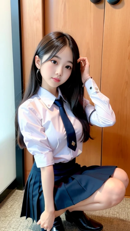 Thai, white collared shirt, necktie, pleated skirt, dark blue skirt, Thighs look good, squatting down, open leg to side, showing her panties