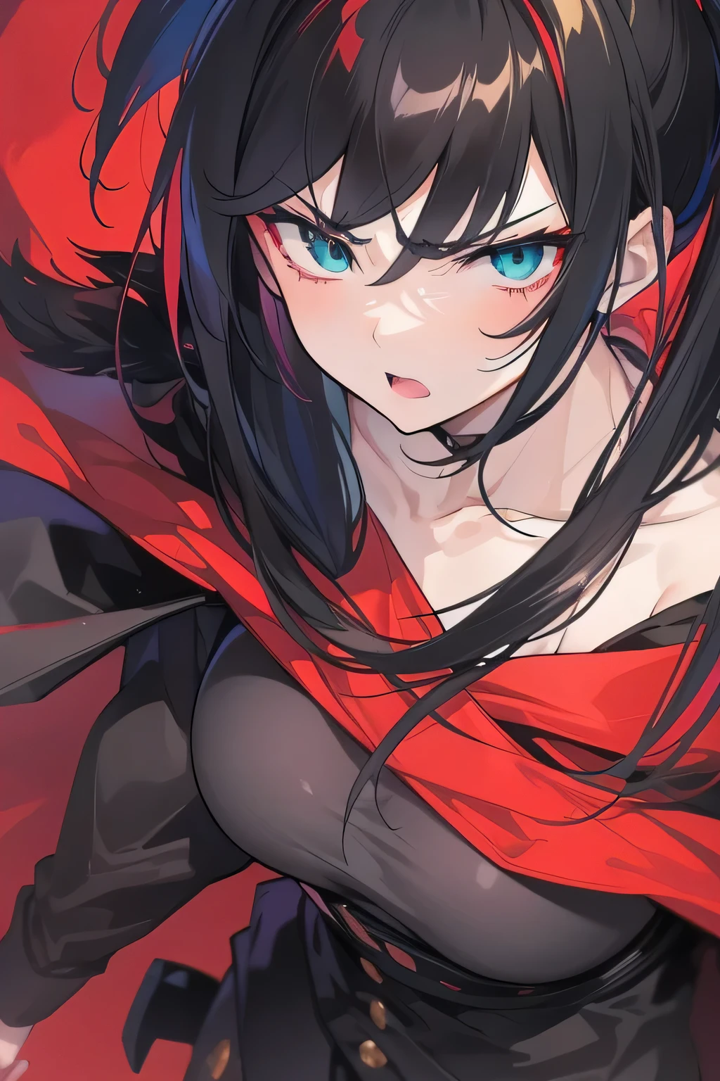Close-up of (standing outside) (full body) (male anime character:1.3), (intense gaze:1.2), (dual-colored eyes:1.3) with one red and one green, spiky black hair, furrowed brows, (serious expression:1.2), shadowed face, (black cloak with golden trim:1.1), visible scar over left eyebrow, high-detail digital illustration, (dark background:1.1), anime style, strong facial features, contrasting colors, focused demeanor,