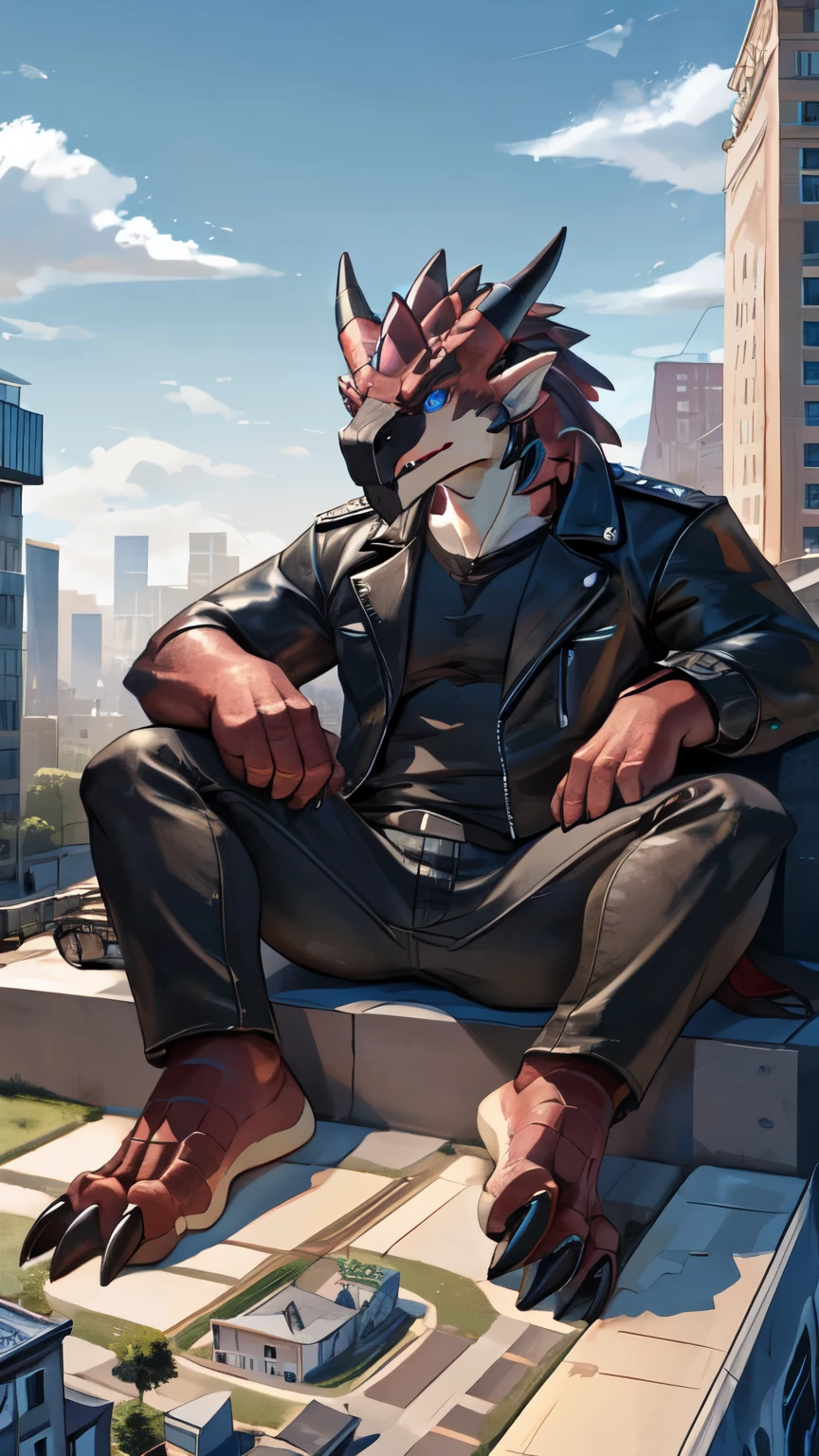 (full body), rathalos, male, anthro, rath wyvern, rathalos, scalie, clothed, clothing, black leather jacket, topwear, jeans, bottomwear, scales, horn, blue eyes, claws, macro, in a tiny city, lounging