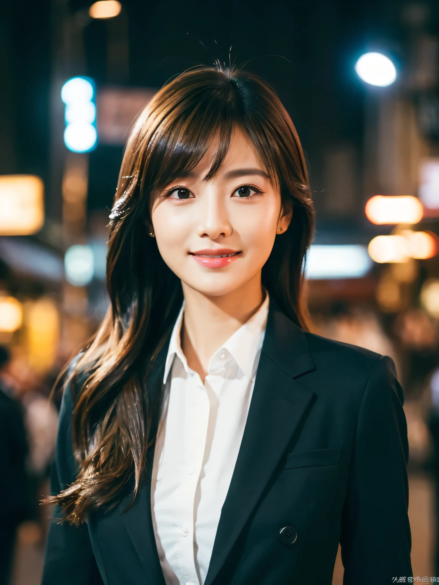 table top、highest quality、genuine、Super detailed、finely、High resolution、8k wallpaper、one beautiful woman、、、light brown disheveled hair、wearing a business suit、sharp focus、perfect dynamic composition、beautiful and detailed eyes、thin hair、Detailed genuine skin texture、smile、close-up portrait、model body shape、In Kyoto at night、