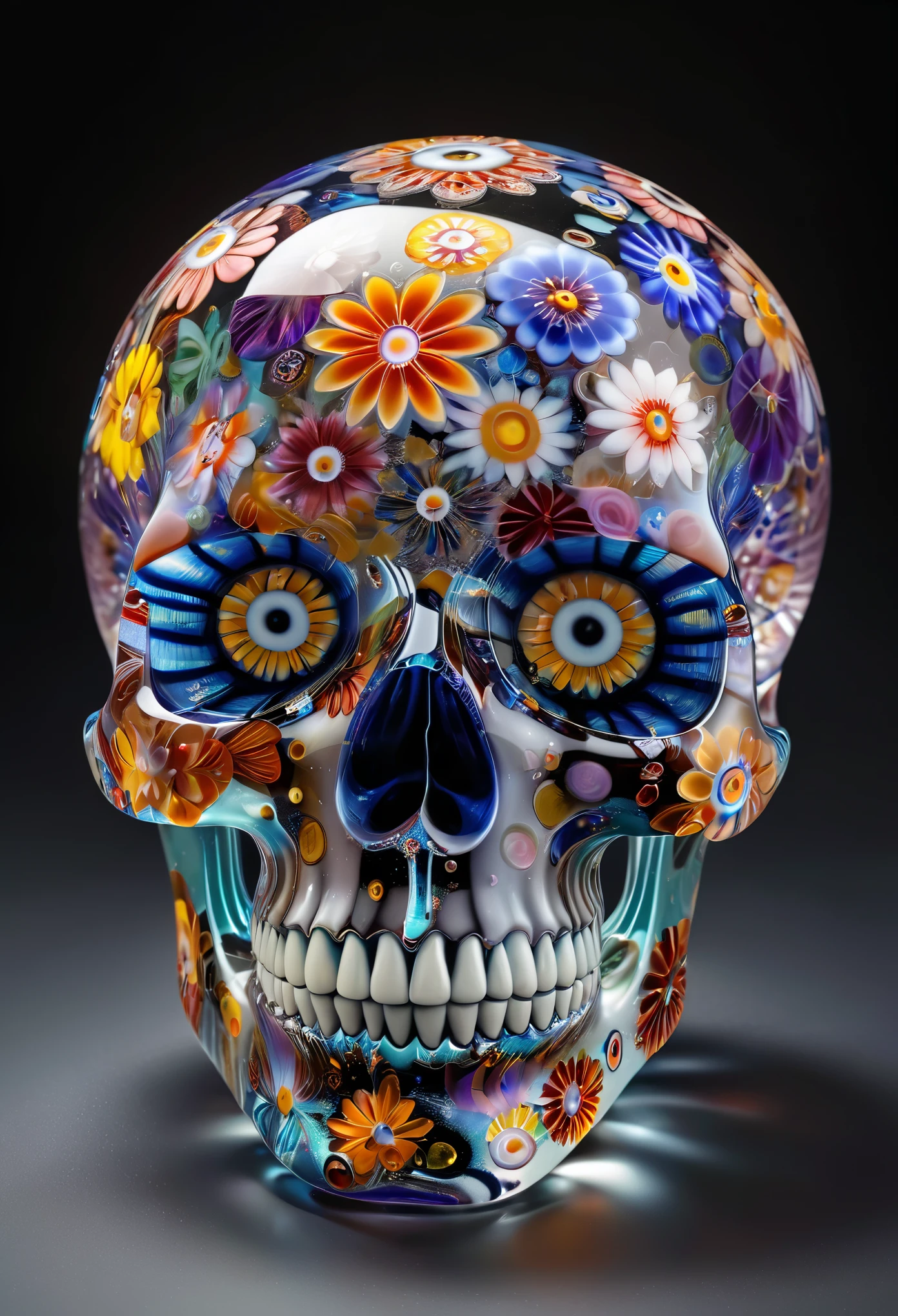 (millefiori glass style:1.1,floating skull:1.1),beautiful detailed eyes,beautiful detailed lips,extremely detailed eyes and face,long eyelashes,[mysterious], [ethereal atmosphere],[colorful], [playful],vivid colors,sharp focus,[translucent],vibrant glass textures,[intricate patterns],whimsical and delicate glasswork,[detailed facial features],[delicate and intricate designs],subtle shading and shadowing,[(best quality,4k,8k,highres,masterpiece:1.2),ultra-detailed,(realistic,photorealistic,photo-realistic:1.37)],[captivating],mysterious lighting,[(subtle,soft,gentle) color palette],[glowing elements],eye-catching composition,mixed media artwork,unique and intricate pieces,mesmerizing and ethereal atmosphere,[artistic interpretation],[dreamlike],stunning artistry,showcased on a gallery wall,[(various,multiple) colorful glass sculptures],enchanting and surreal,artistic craftsmanship and creativity,dazzling spectrums of light,[(captivating,eerie) aesthetic],[hauntingly beautiful],[(intricate,detailed) glasswork patterns],[(elegant,graceful) poses],[(serene,ethereal) expressions],[(glowing,ethereal) background],[(eerie,glimmering) effect],[(mythical,otherworldly) atmosphere],[elegantly floating],[intricate and delicate glass details]