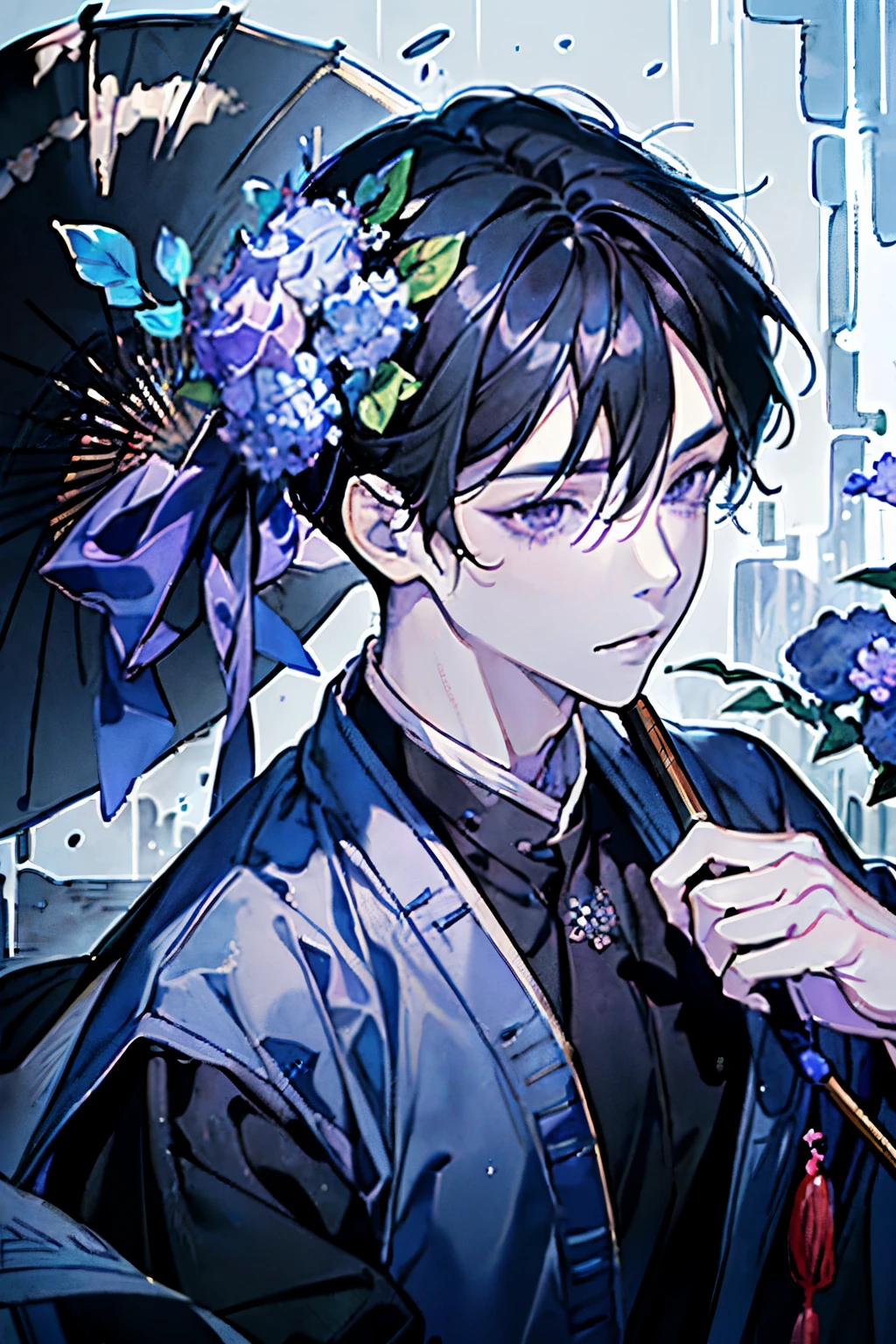 ((boy around 18 years old)),(Black Hair:1.3),(Long Hair:1.3),(Blue, purple and grey costume reminiscent of an ancient Chinese scholar),(The atmosphere of a watercolor painting),(Close-up of face:1.25),(rain:1.2),(Hydrangea and many other flowers々:1.2),(Brush and Scroll:1.3),(smile:1.2)