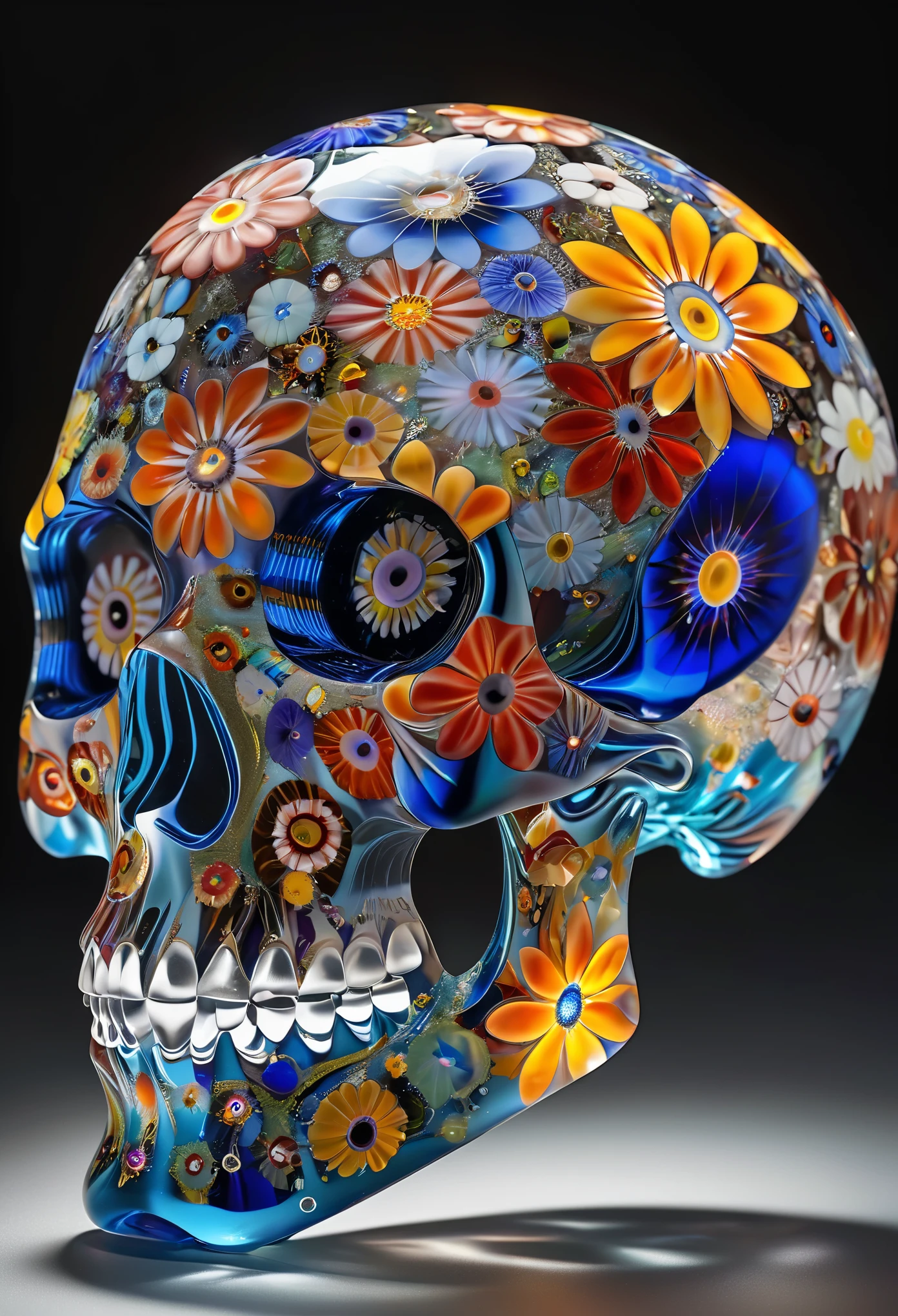 (millefiori glass style:1.1,floating skull:1.1),beautiful detailed eyes,beautiful detailed lips,extremely detailed eyes and face,long eyelashes,[mysterious], [ethereal atmosphere],[colorful], [playful],vivid colors,sharp focus,[translucent],vibrant glass textures,[intricate patterns],whimsical and delicate glasswork,[detailed facial features],[delicate and intricate designs],subtle shading and shadowing,[(best quality,4k,8k,highres,masterpiece:1.2),ultra-detailed,(realistic,photorealistic,photo-realistic:1.37)],[captivating],mysterious lighting,[(subtle,soft,gentle) color palette],[glowing elements],eye-catching composition,mixed media artwork,unique and intricate pieces,mesmerizing and ethereal atmosphere,[artistic interpretation],[dreamlike],stunning artistry,showcased on a gallery wall,[(various,multiple) colorful glass sculptures],enchanting and surreal,artistic craftsmanship and creativity,dazzling spectrums of light,[(captivating,eerie) aesthetic],[hauntingly beautiful],[(intricate,detailed) glasswork patterns],[(elegant,graceful) poses],[(serene,ethereal) expressions],[(glowing,ethereal) background],[(eerie,glimmering) effect],[(mythical,otherworldly) atmosphere],[elegantly floating],[intricate and delicate glass details]