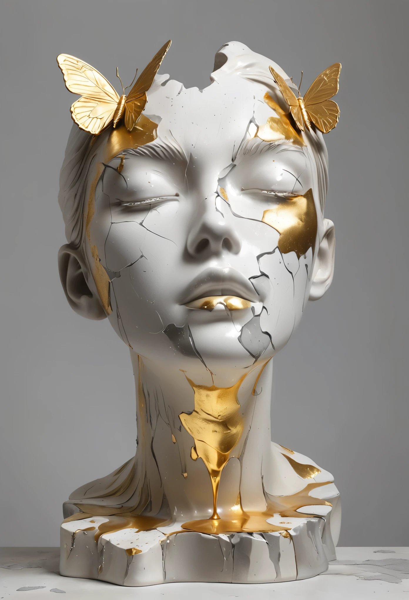 ((display，Still life table，Artistic statues，3D Sculpture，ceramics，Surface cracks，Shattered Texture)), Showing the beauty of nature.gold，Golden powder， This artwork is presented on a grey background，To emphasize its artistic quality.
