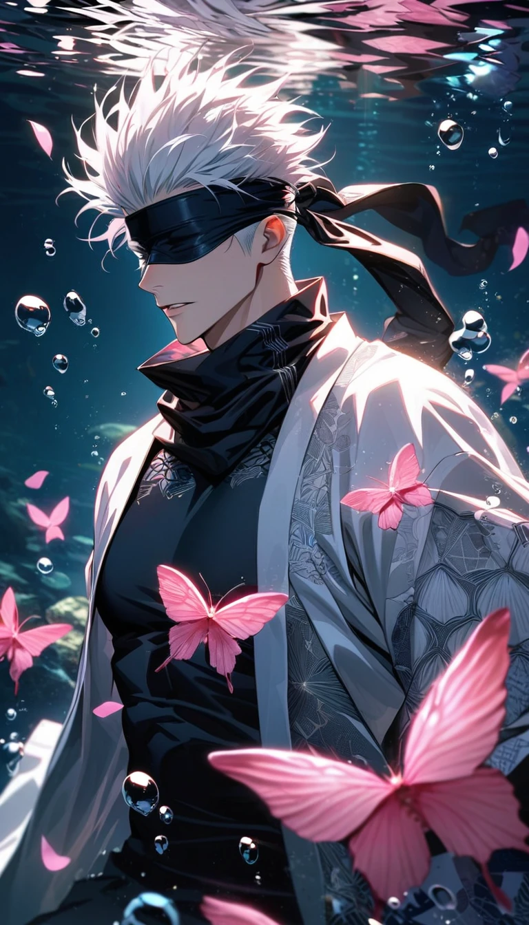 Ultra detailed, Highres, HDR, absurdres, Gojou Satoru, white hair, blindfolded eyes, black scarf, white haori with patterns, black tight shirt, sexy man, extremely handsome, solo, very detailed face, Jujutsu Kaisen, pink butterflies, petals, pink flowers, underwater, bubbles,