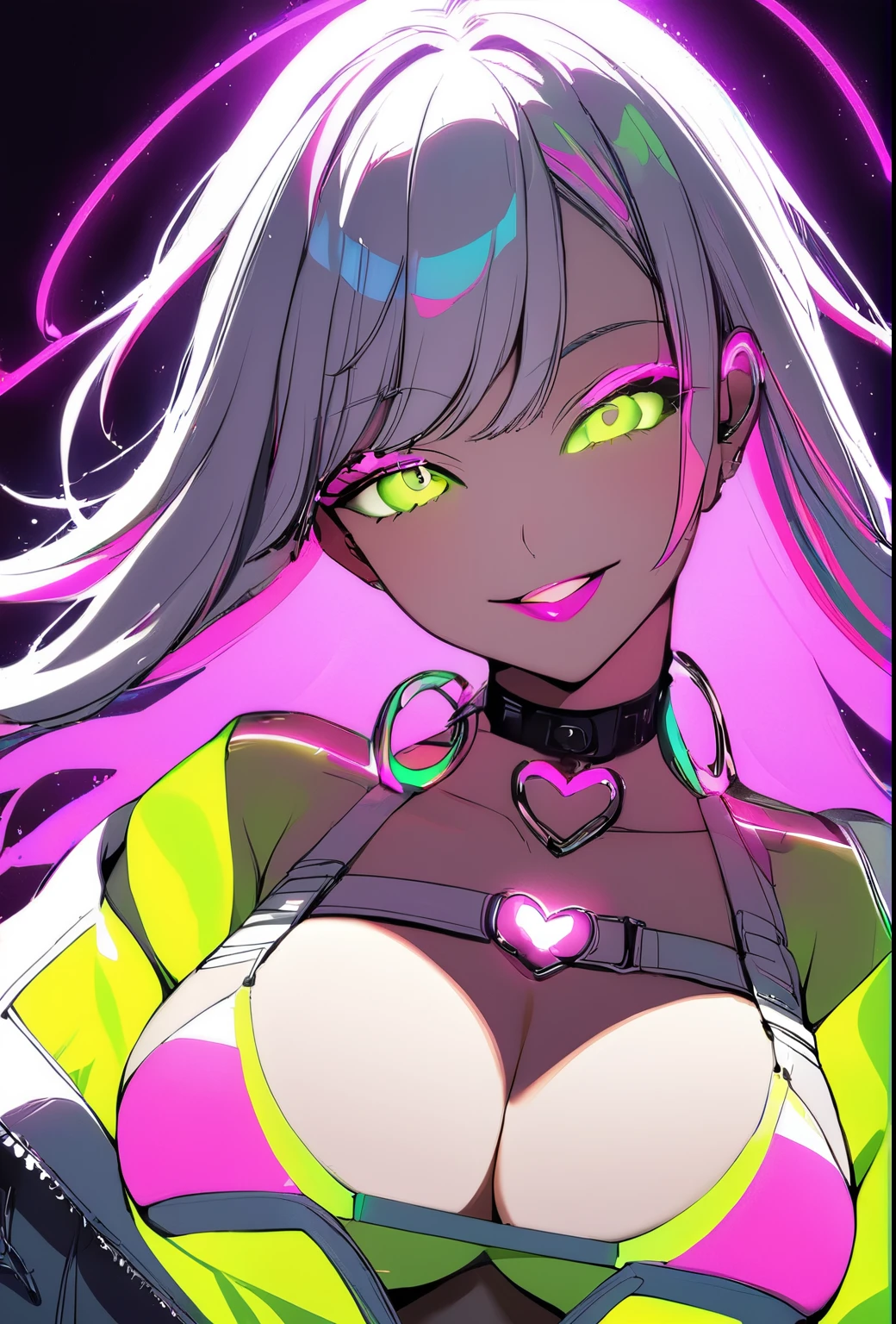 1girl, Holo-Punk Style, smiling, cute, lipstick, girl with neon hair, closeup, multi color, neon rings around neck, neon jacket, neon background, neon lighting, hand on heart, big breasts, neon bra
