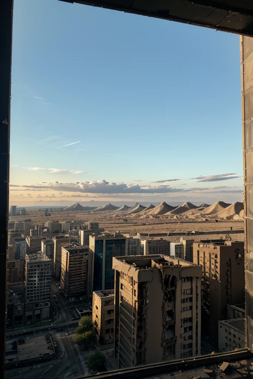 A deserted apocalyptic city with destroyed buildings in the morning seen from the window of a tall building