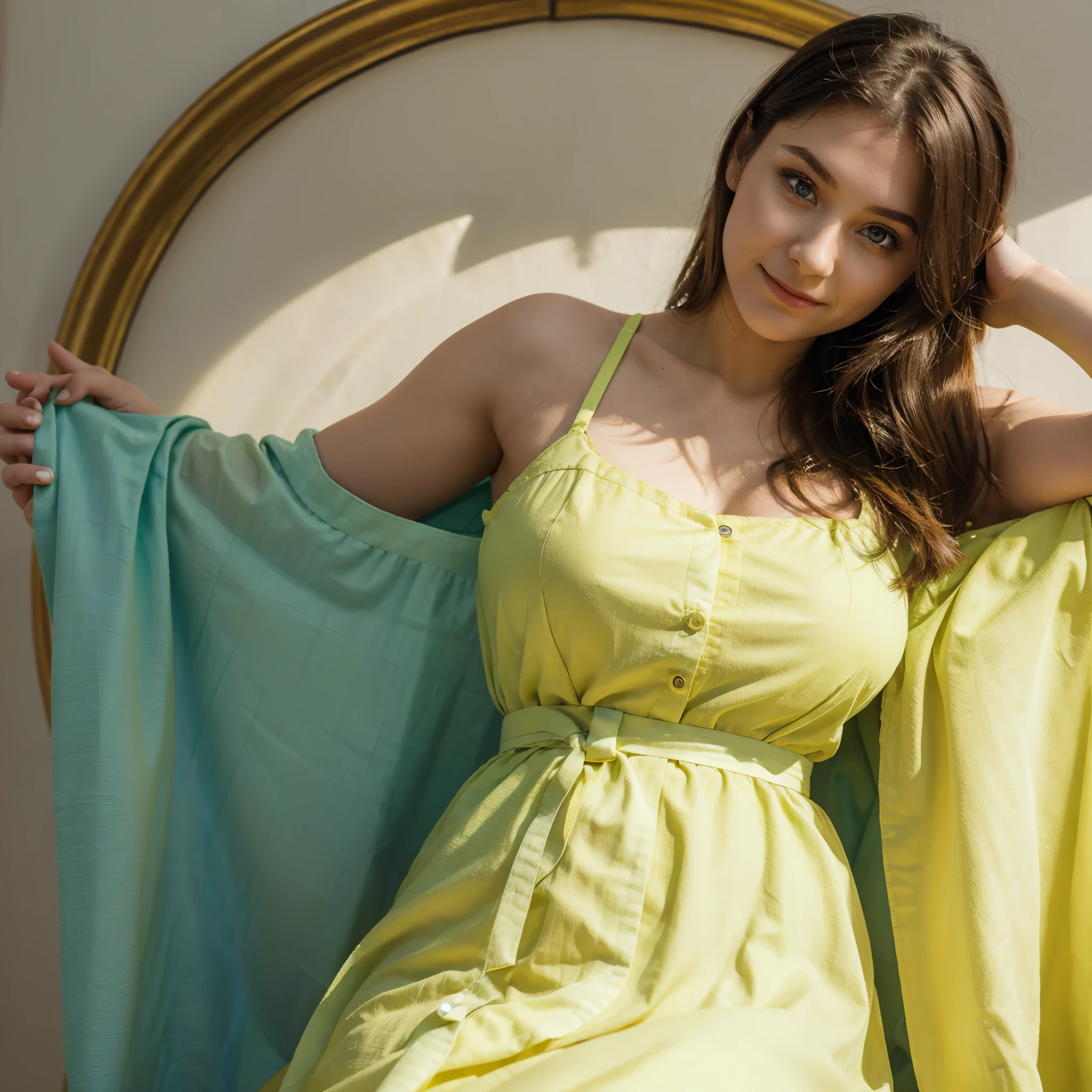 A 22 year old girl in yellow frock, 19 inch waist, blueish-green eye, a dimple on check