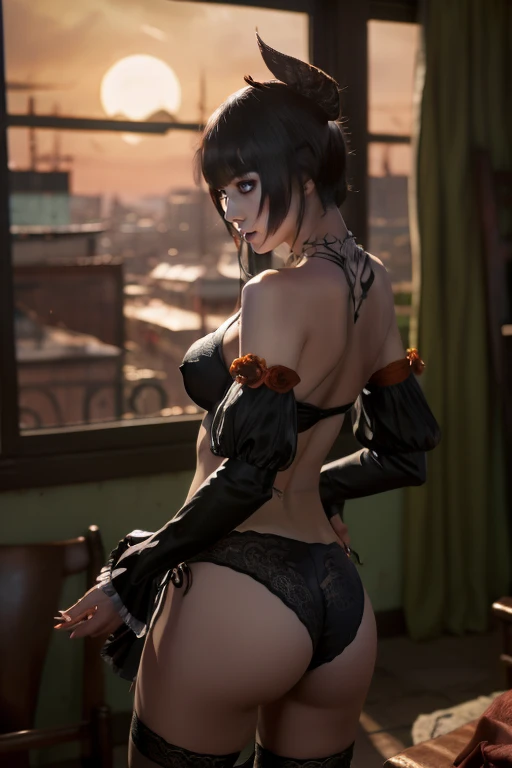 Eliza from Tekken, in a black bra with a blouse falling over her shoulders, sexy black panties, looking to the side, sensual look, in a doggy style position sticking her butt out, soft orange light over the room at dusk