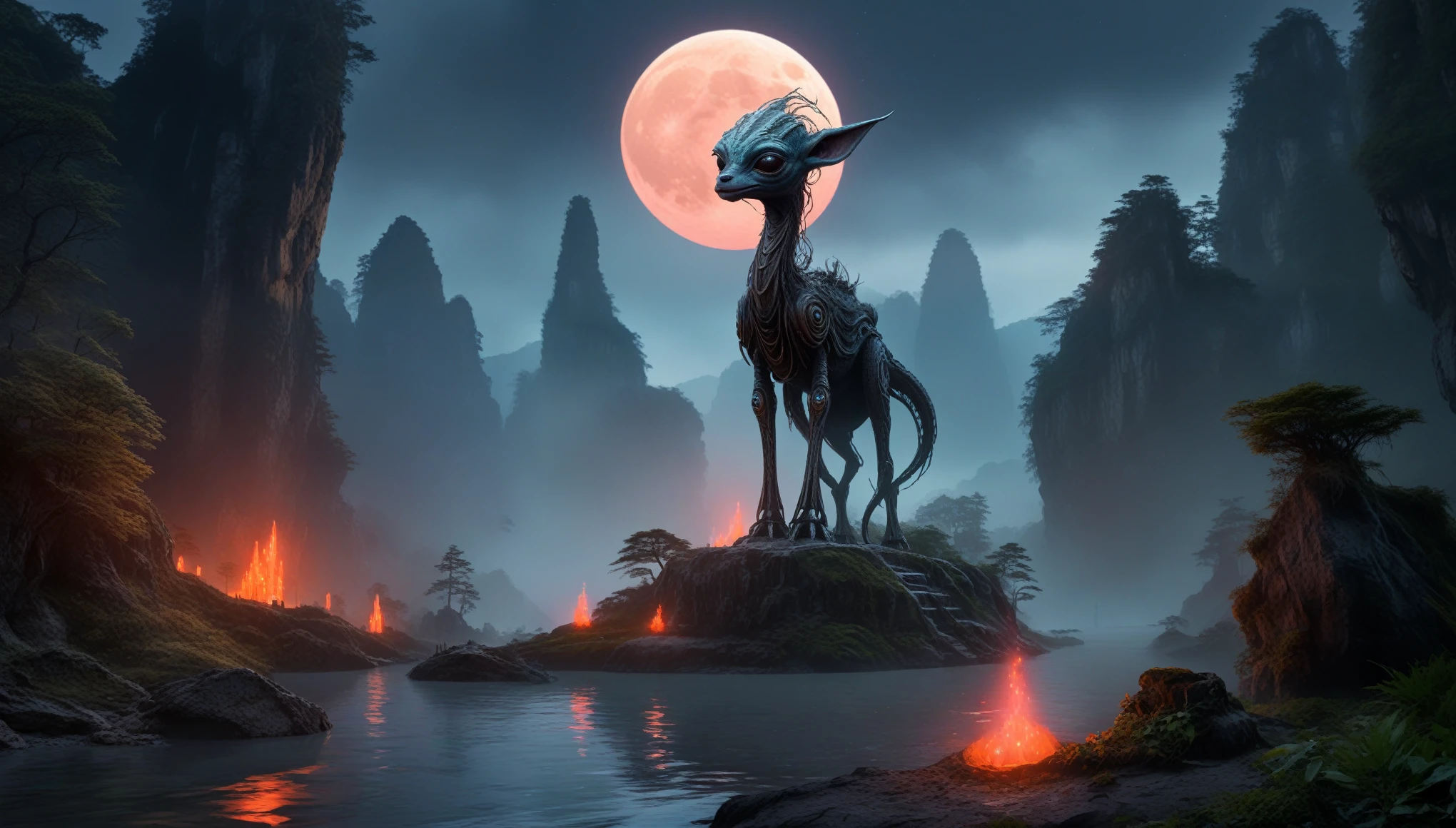full body length,niobium fawn from star wars,native indian,ominous landscape, opal goblin,Obsidian atmosphere,flying islands,dangerous atmosphere,intricate details,realistic humid skin,extremely intricate details,Epic Realistic, cinematic style,dramatic light,anatomically correct,eyes extremely detailed, high detailed eyes,UHD,Retina,HDR,Cinematic, Technicolor,natural skin textures, hyper realism, hyper detailed,High contrast,Realism,Ultra Detailed,irina yermolova,close full body shot, masterpiece,faded,16k resolution, Nikon Z9,The Alien Entity,sunset,Zhangjiajie National Forest Park of China,Madness evil landscape. Tentacles rising from the abyss, polluted river, macabre cemetery, bloody moon, unreal engine, UHD sketch color drawing
