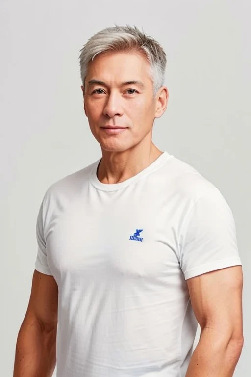 A 70-year-old man who is very healthy and energetic，White hair，In shooting posture，Wear casual sports style，Handsome face，Tall and straight，Have muscles，full-body shot，Pure white background