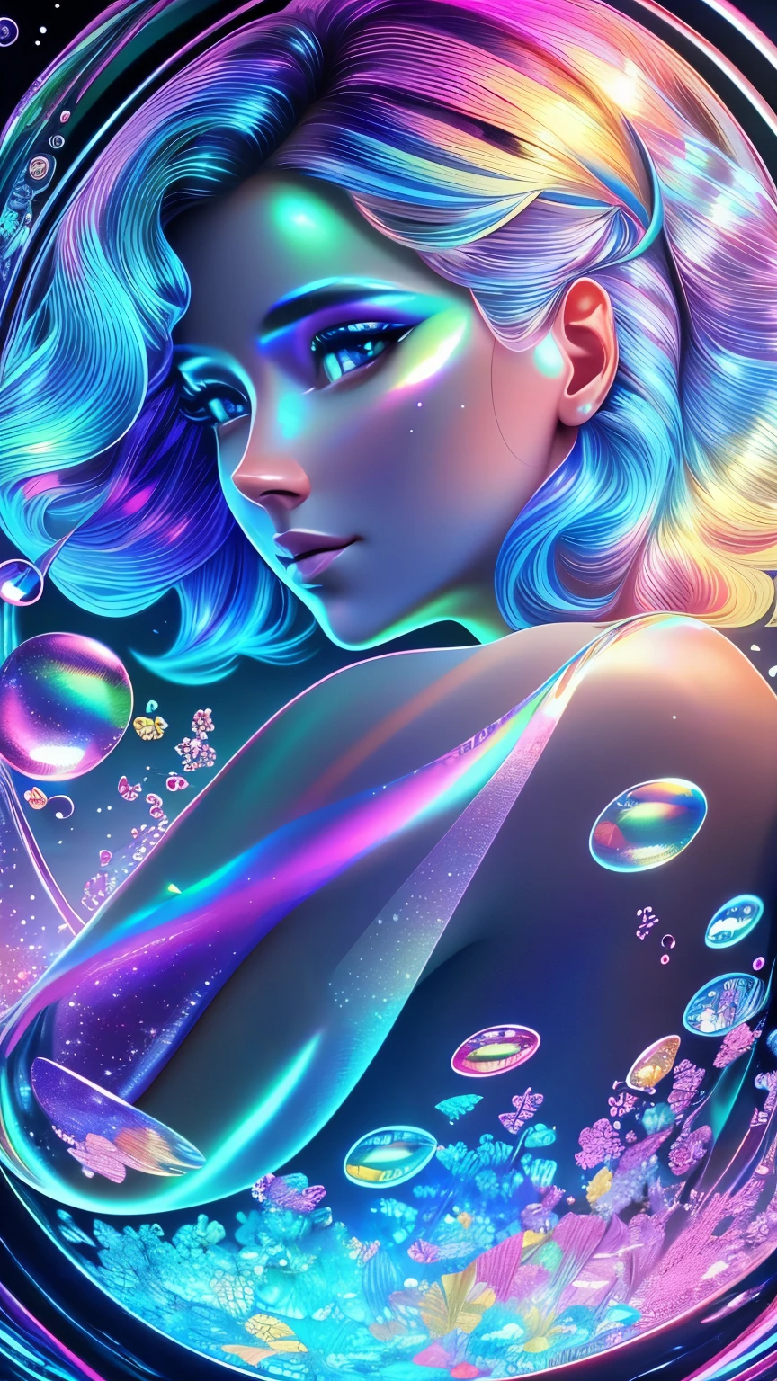 best quality, super fine, 16k, art work, there is no gravity and everything floats, iridescent water, iridescent soap bubbles, iridescent bubbles, and more, cute and beautiful in pastel colors, pop art, beautiful lighting