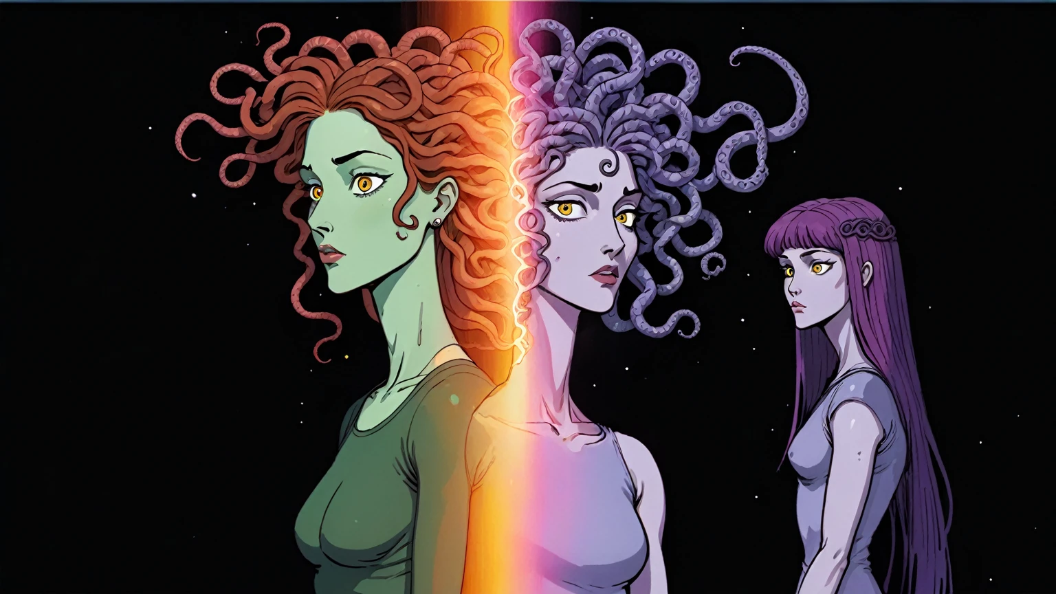 Daria and Jane portraying Medusa and Euryale (style reference Daria animated 1997, Medusa), existential crisis, floating through the ether, ethereal floatation disembodied consciousness humanity and the artificial and alien intelligences, stargate (wormhole) (cinematic, wordless, splash page, campy, b-movie cheesiness), Tarkovsky cinematography and framing and composition, intensely vivid, lush rich colorful, light rays across face similar to a light mask, universal cosmic decline, agitation, chaotic
