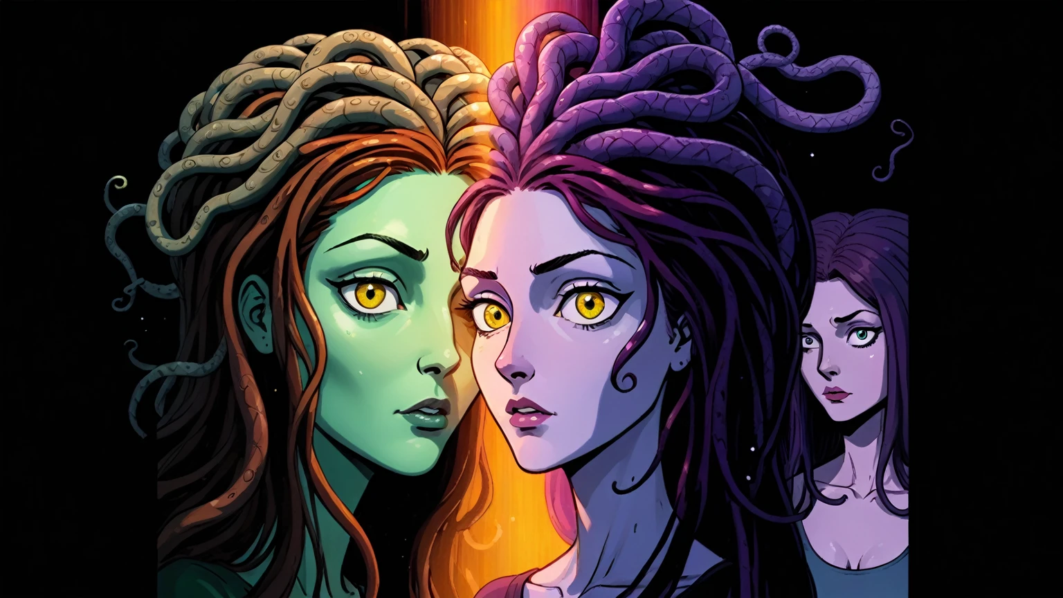 Daria and Jane portraying Medusa and Euryale (style reference Daria animated 1997, Medusa), existential crisis, floating through the ether, ethereal floatation disembodied consciousness humanity and the artificial and alien intelligences, stargate (wormhole) (cinematic, wordless, splash page, campy, b-movie cheesiness), Tarkovsky cinematography and framing and composition, intensely vivid, lush rich colorful, light rays across face similar to a light mask, universal cosmic decline, agitation, chaotic
