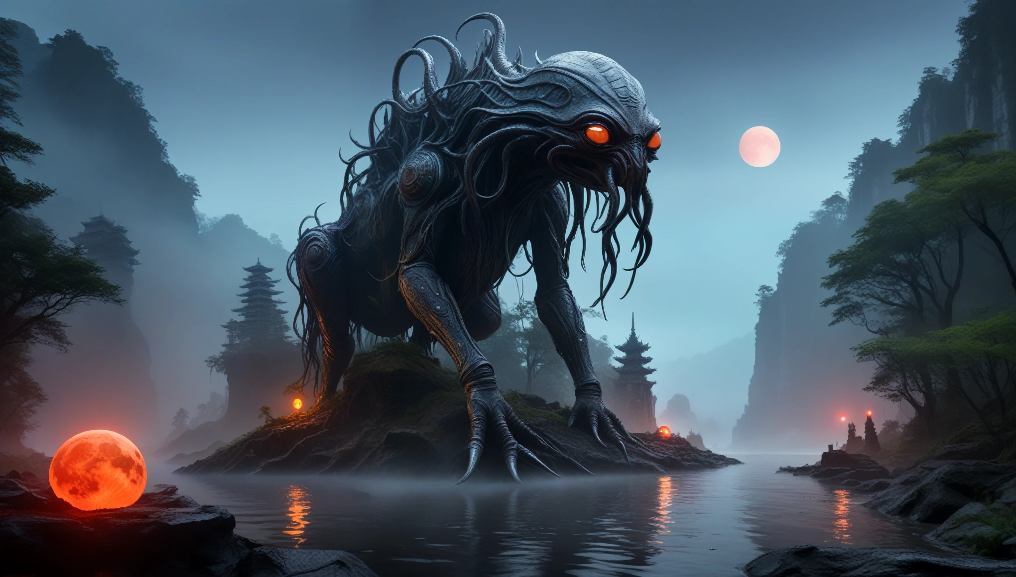 full body length,niobium fawn from star wars,native indian,ominous landscape, opal goblin,Obsidian atmosphere,flying islands,dangerous atmosphere,intricate details,realistic humid skin,extremely intricate details,Epic Realistic, cinematic style,dramatic light,anatomically correct,eyes extremely detailed, high detailed eyes,UHD,Retina,HDR,Cinematic, Technicolor,natural skin textures, hyper realism, hyper detailed,High contrast,Realism,Ultra Detailed,irina yermolova,close full body shot, masterpiece,faded,16k resolution, Nikon Z9,The Alien Entity,sunset,Zhangjiajie National Forest Park of China,Madness evil landscape. Tentacles rising from the abyss, polluted river, macabre cemetery, bloody moon, unreal engine, UHD sketch color drawing