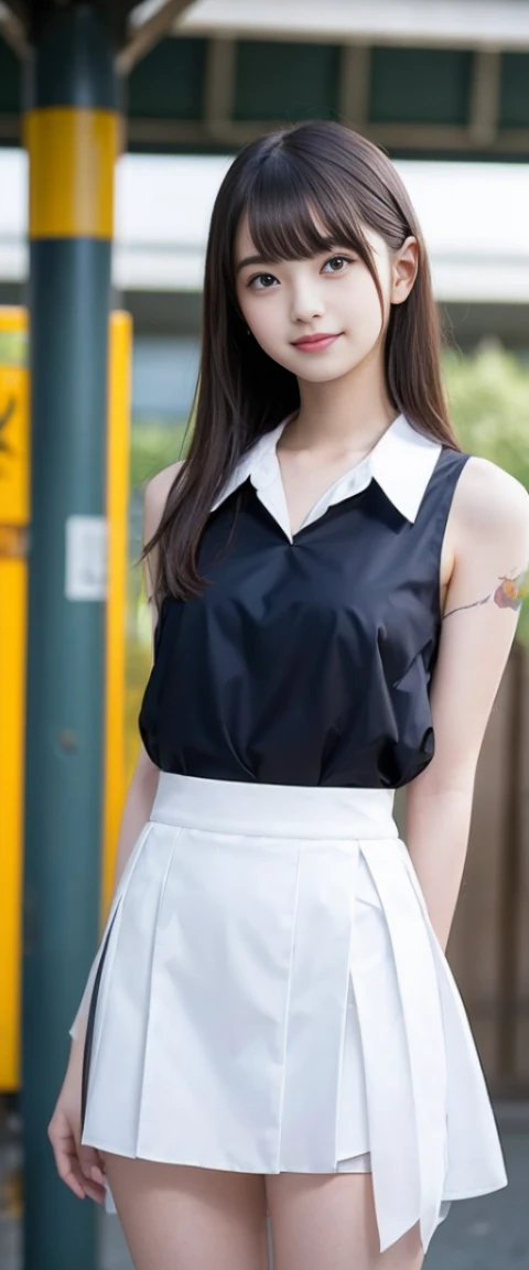 (masterpiece, highest quality:1.2), 8k, 12才のFull nudityの女の子, 85mm,Official AR RAW Photos, スーパースリムなスレンダーbeautiful girl, skirt、上Half BodyHalf BodyFull nudity、He rolled up his sleeveless white shirt.、Showing off your breasts、beautiful medium-sized breasts、Show me your ears、Naked girls photoshoot、Full nudity, Cute face, close, Half Body, It was a race, Gardenia, beautiful girl, , Thighs, Short sleeve, Station platform、 Looking at the audience, No makeup, (Big smile), Film Grain, chromatic aberration, Sharp focus, Face Light, Bright lighting, 10 generations, Detailed face, Background Blur, (Dark red tie:1.1)、((((((12 year old girl with her shirt tucked up))))))、((((((12才のFull nudity女子高生)))))、Tight waist、Embarrassing pose、Shy and nervous girl、 Sad face