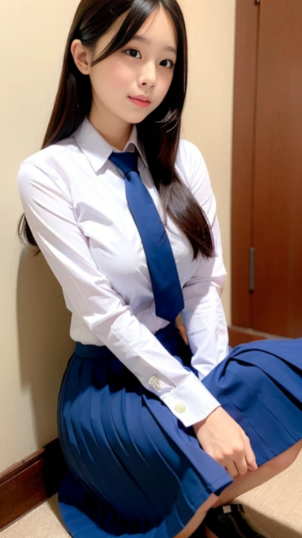 Thai, white collared shirt, Long sleeve shirt, necktie, pleated skirt, dark blue long skirt, Thighs look good, squatting down, open leg to side, showing her panties