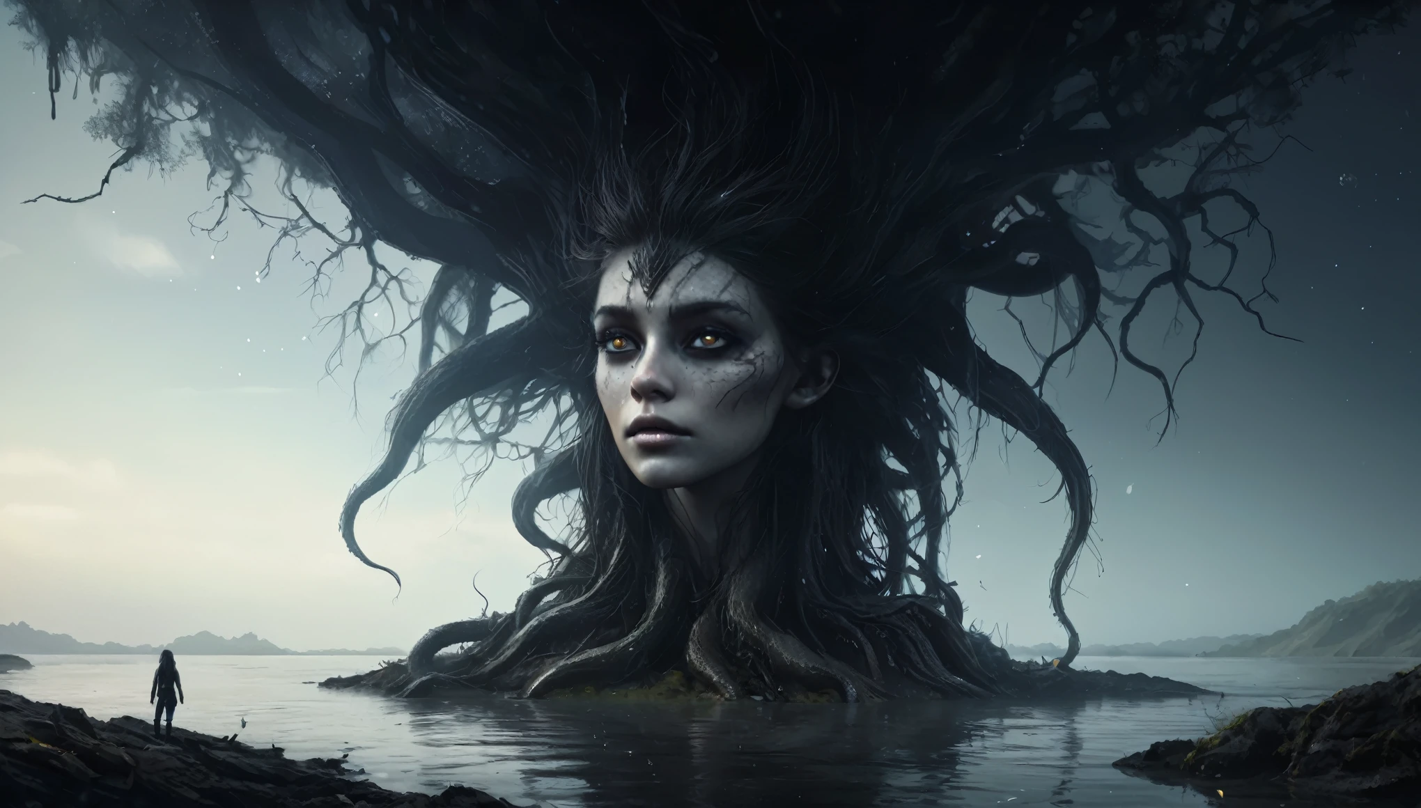 Chalcopyrite Mermaid,moana,golden black make up,longhair,goblin,freckles,pretty face,eyebrow up,full body shot,ominous landscape,glate gray atmosphere,Simon Stalenhag,Nicola Samori,Wangechi Mutu,prime colors,Lisa Frank,city on background,chinesse,pixie,sea,under water,RAW,Retina,full body length,Obsidian Chalsedoon Nightcrawler,ominous landscape, niobium Obsidian atmosphere,dangerous atmosphere,intricate details,realistic humid skin,extremely intricate details,Epic Realistic, cinematic style,film grain,dramatic light,anatomically correct,faded,eyes extremely detailed, high detailed eyes,UHD,Retina,HDR,CinematicTechnicolor,natural skin textures, hyper realism, hyper detailed,High contrast,Realism,Ultra Detailed,irina yermolova,close full body shot, masterpiece,faded,8k resolution,RAW, Nikon Z9,Rakotzbrücke of Germany,(1 terrifying and charismatic monster made from a Cave Swamp tree trunk, have a very pronounced mouth), Branches come out from the head, look at the camera, hypnotic and detailed eyes, built into the tree itself, be confused with them, dark energy, spectrum, very detailed, Natural light, Posthuman, face, neutral, meat, The horror of the universe, alien organic nightmare, fantasy, dream as art, higher resolution,8K,QG, very detailed 8K wallpaper, Complex, high detail, sharp focus, dramatic (full moon), realist, works of art, better quality, space, universe, magic, Complex, very detailed, kind, sharp focus, dramatic lighting, chromatic aberration, Depth of the bounds written, soft lighting, ,tentacles from skull full moon, transmitted by blood, corporal horror