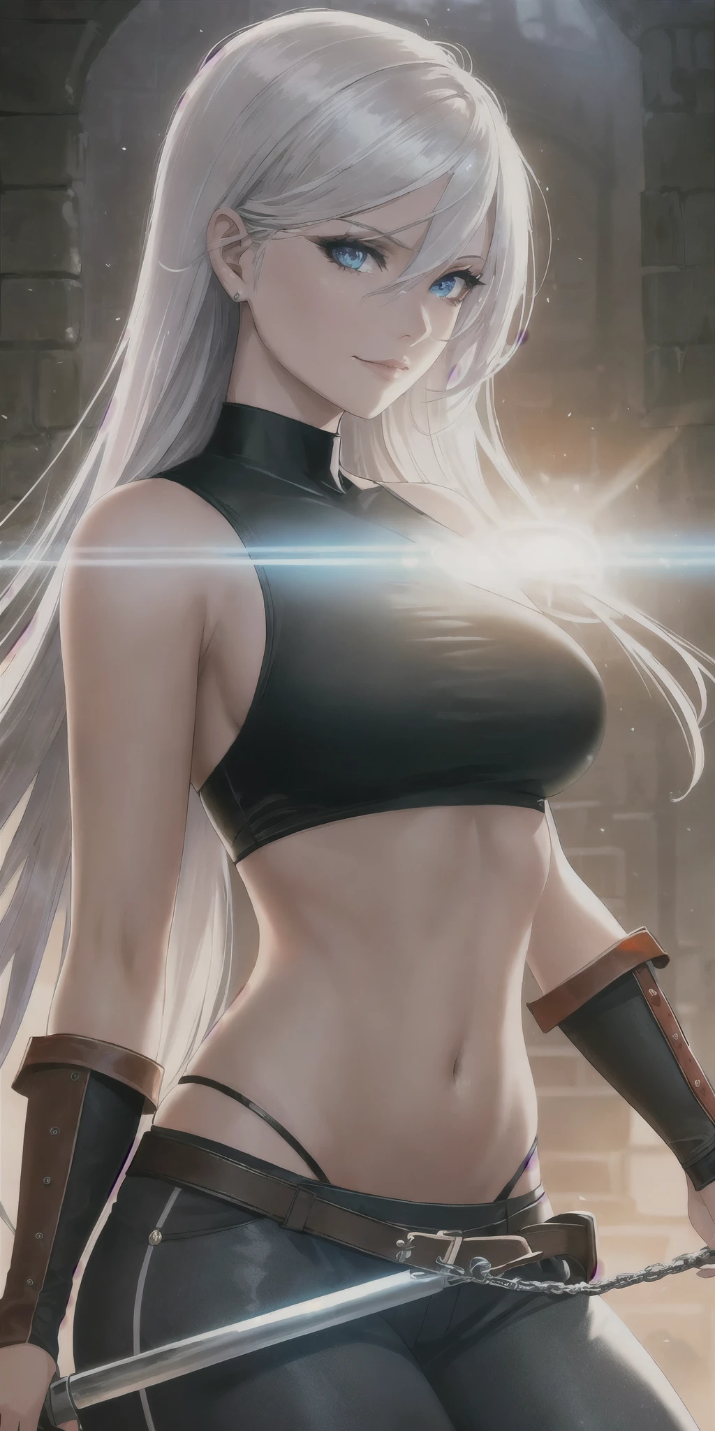 a masterpiece, award winning, best quality, a young woman, perfect face, exciting, upper body, concept art, extreme close-up shot of a Kindhearted Drow, Horseback riding, wearing Glowing Culottes and sleeveless top, frolicking in a dungeon, shallow depth of field, Smug, Lowbrow Art, Lens Flare, F/8, CineColor, (deep orange and Rust:0.7)