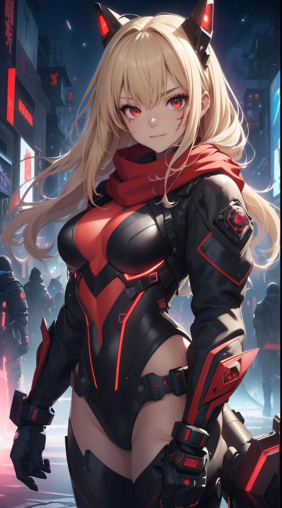 top-quality、Top image quality、masterpiece、girl with((18year old、Red, Black and blue glowing cybersuit、falda corta、white parka、Best Bust、Bust 90、Blonde Away Tail、Red Eyes、open chest wide、Valley、Happiness、A slender、ssmile、Red Face Paint、Black scarf、Reflecting the whole body、Slouch action))hiquality、Beautiful Art、Background with((nightcity、cyberpunked、nightclubasutepiece、Elaborate design、visualart、