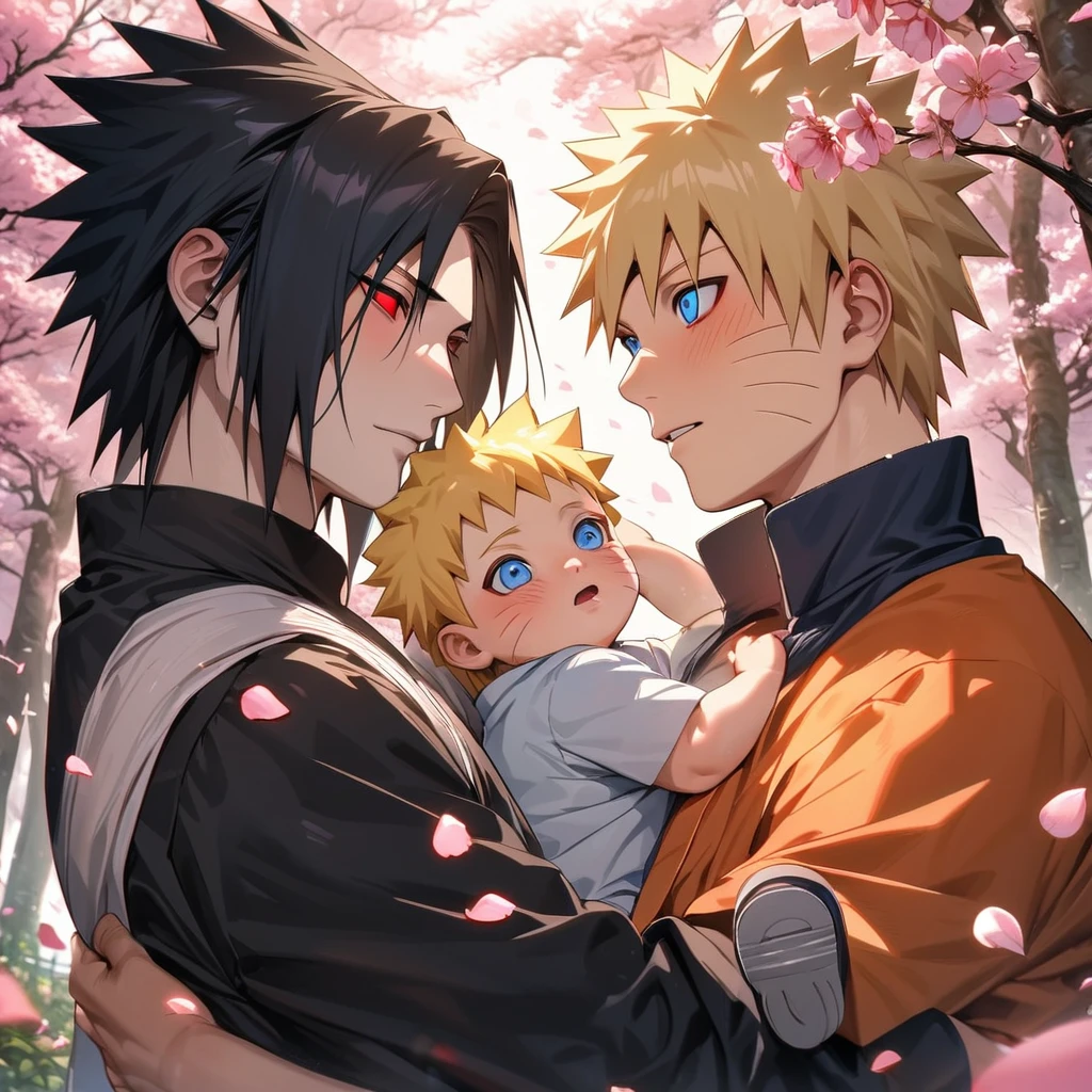 absurdres, highres, ultra detailed, HDR, master piece, best quality, extremely detailed face and eyes, Uchiha Sasuke, expressive red eyes, black hair, Naruto Shippuden, Uzumaki Naruto, blond hair, expressive blue eyes, two men together, gay couple, holding a cute  boy, handsome, pink petals, blossoms, trees, pink flowers