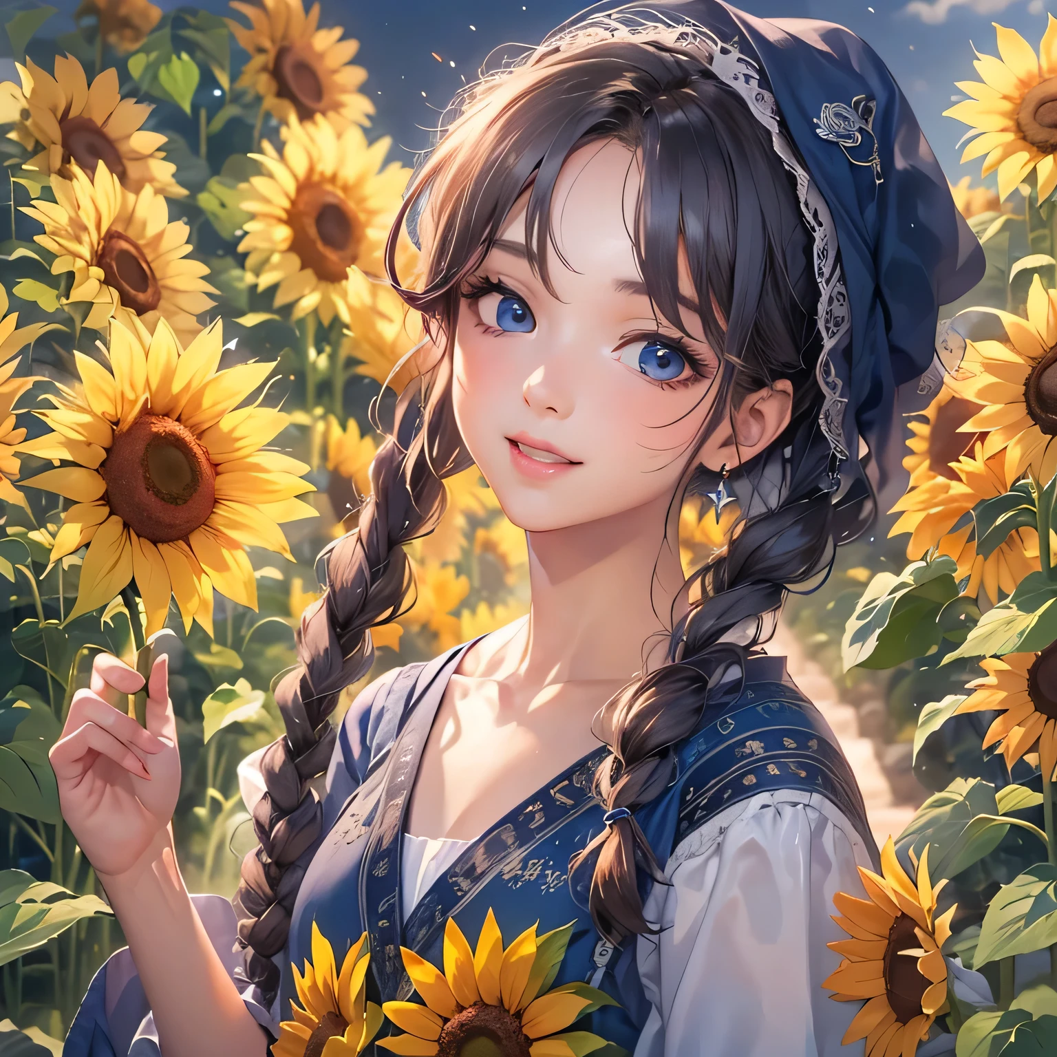 masterpiece、highest quality、High resolution、High-quality images、8k, 1 female、Skin Radiance、Texture of skin and clothing、Expression of fine eyes、Shiny light black hair,Girl with long braided hair, Manga inspired by Lee Jong-suk, Trending on deviantart, realism, detailed manga style, Manga art style, Perfect Line Drawing, Beautiful line art, digital manga art girl, K-POPアイドル, one piece,Large Breasts,Beautiful dark blue eyes, Lips become thicker, Gorgeous face with attention to detail, (Cute Smile), charm, Innocent, Side view, (Perfectly detailed face), (Beautiful Hands) Photorealistic images, Written boundary depth, Princess Hairstyles, sunflower, Straw hat, Lightweight cardigan , camisole , mini skirt , Shoulders out , The valley is visible , wonderful flower garden,Beautiful sunflower,Romanticism,