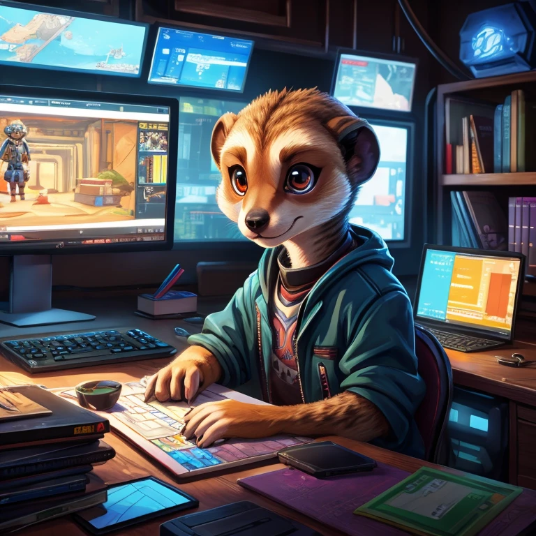 here is a meerkat that is sitting at a desk with a computer, adorable digital painting, cyberpunk meerkat, cybermeerkat, cute detailed digital art, realistic anime meerkat, 4k highly detailed digital art, 4k detailed digital art, anime meerkat, high quality desktop wallpaper, realistic illustration, an anthro meerkat, roleplaying game art, furry artist, digital painting highly detailed,