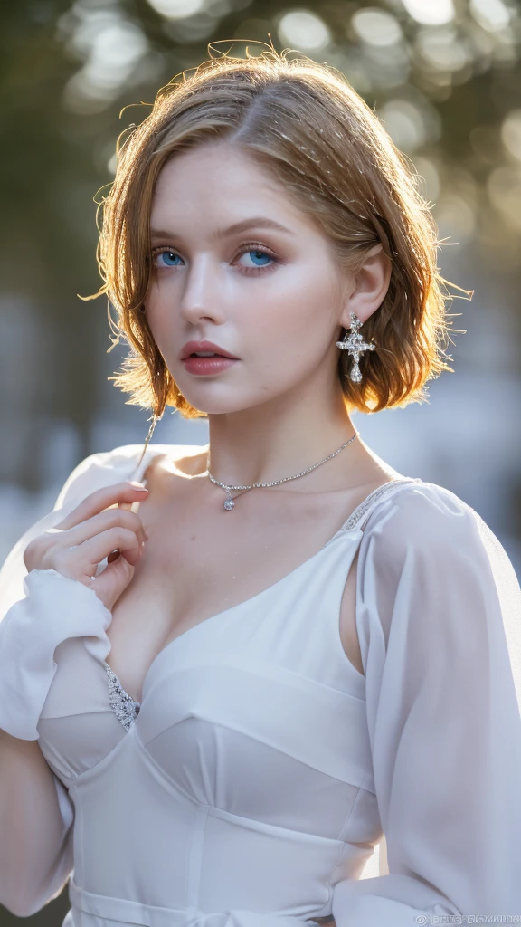 1 miniature Beautiful beautiful woman - Yuan Sayuki, ((top quality, 8K, Masterpiece:1.retty woman, 1 woman, huge breasts:1.3, a slim body:1.1, lush GINGER short hair, (shower, wet body, wet clothes:1.1), very detailed face, detailed lips, detailed eyes, double eyelids, Detailed blue eyes, чрезвычайно Detailed Outstanding Blue Eyes, short GINGER wet hair, GINGER wet hair, Detailed Outstanding Blue Eyes, innocent look at the viewer, very wet wavy white hair, Detailed Outstanding Blue Eyes, huge cross earrings, Outdoors, badges behind, gothic maid uniform, sexy maid dress, bare chest, huge chest tattoo, detailed huge catholic cross earrings, chest tattoo, Outside, wear a silver cross (Detailed cross shape), reality mode, wet breasts, black necklace, human crowd behind, black latex gloves, hair of white snowy colour, night time, red neon lights, demonic nun, nimbus (golden lighting ring above her head), angel, snowy weather, sexy pose, white lingerie, black maid dress, detailed flower wreath made of different colours