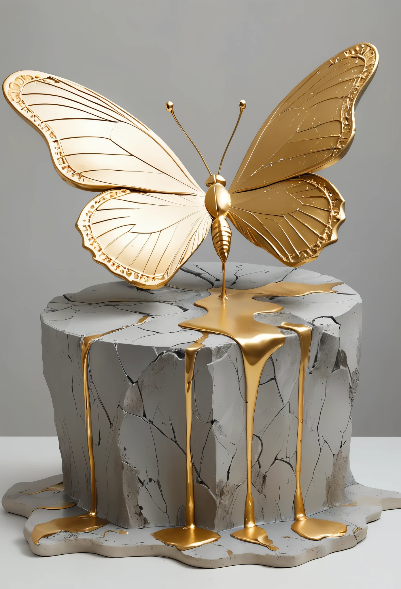 ((display,Still life table,Artistic statues,3D Sculpture,ceramics,Surface cracks,Shattered Texture)), Showing the beauty of nature.gold,Golden powder, This artwork is presented on a grey background,To emphasize its artistic quality.