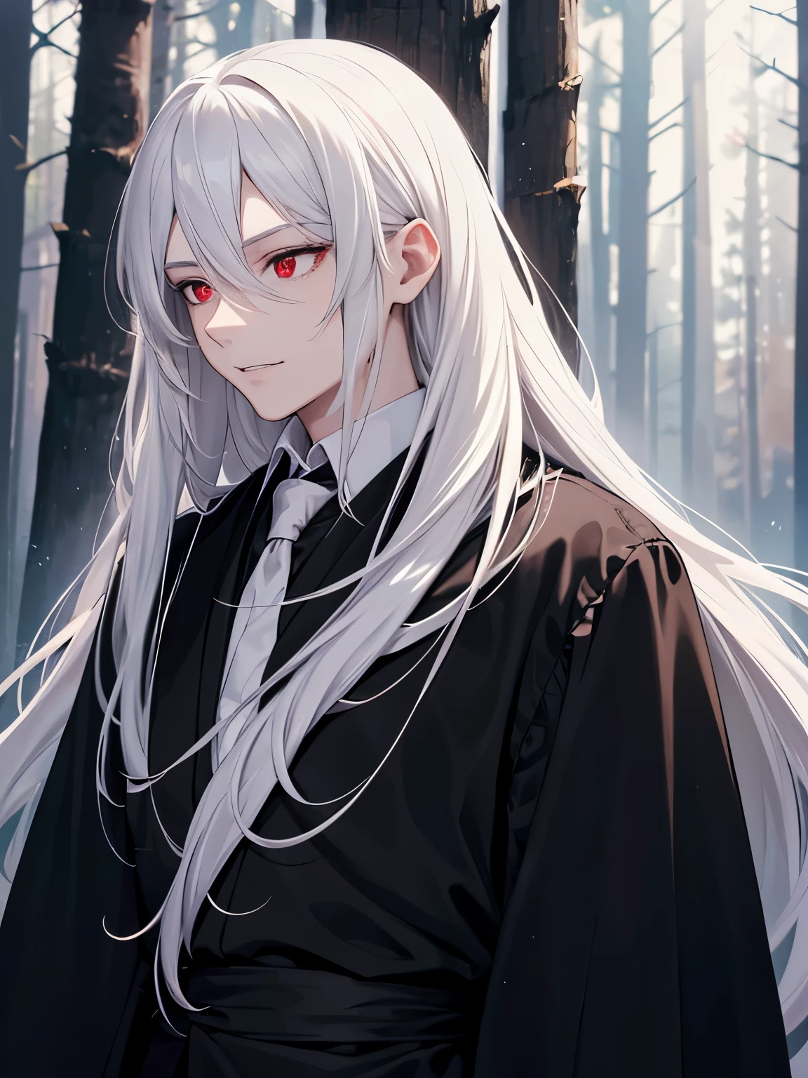 1 man,guy, 30 years old,Standing on the forest ,looking away,at night, slight smile,vampire king, white hair, long hair, red eyes, black shirt, black pants, long robe, vampire teeth,white bat wings,ultra detail, perfect face, clear face, HD face,Ultra detailed face,close up photo