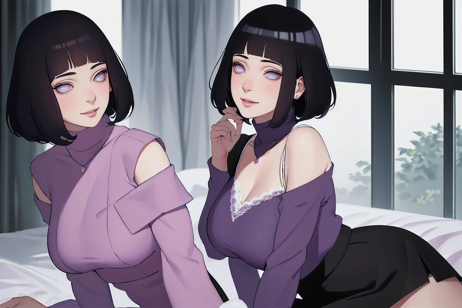 { - anatomy error} (Masterpiece - Ultra-detailed, very high resolution) (huge titusty, masterpiece, absurdres, hinata\(boruto\), 1girl, solo,mature female, off-shoulder bra, high waist black short skirt, looking at viewelling petals), perfect composition, detailed lips, big breast, beautiful face, body propotion, blush, (pink lips), short hair, (black hair), purple eyes, soft gaze, super realistic, detailed, photoshoot, realistic face and body, closed mouth, sitting on the bed , lilac eyes, upper body, lace clothes, backwards, looking back, with chin resting on shoulder, perfect fingers (perfect hands, perfect anatomy), naught smilie