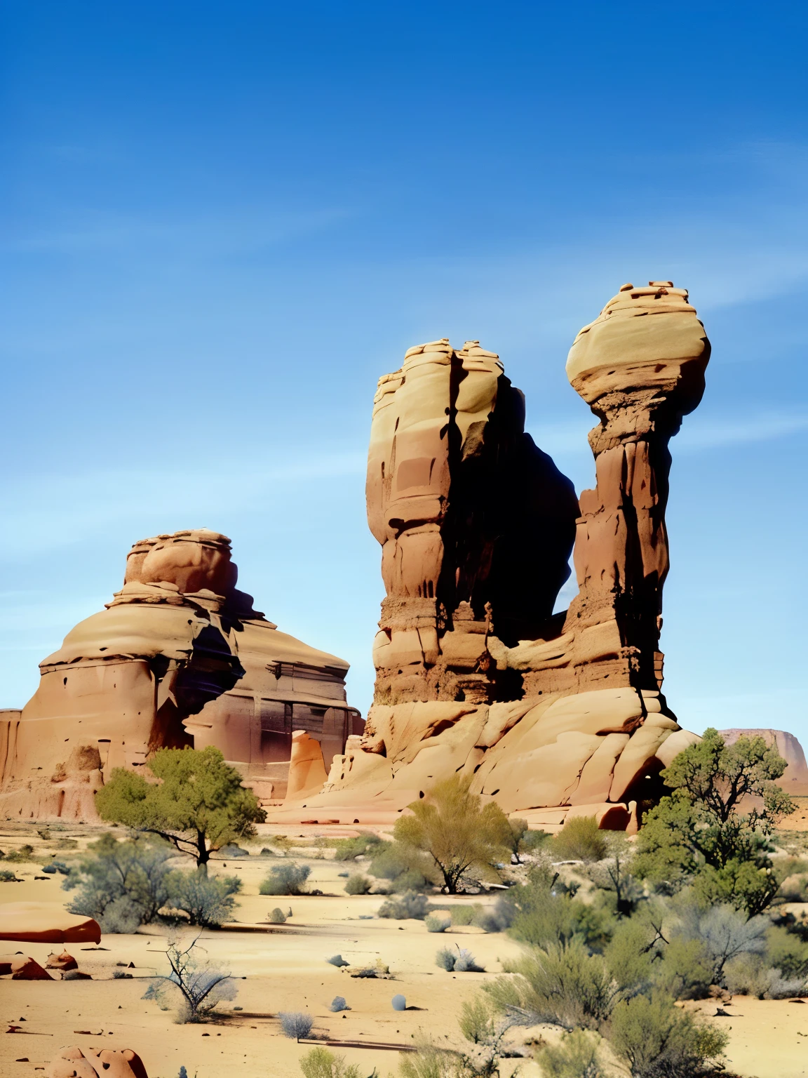 there are two large rocks in the desert with a blue sky, rock formations, rock arches, chiseled formations, epic land formations, rock arcs, strange formations, rocks), giant rocks, tall big rocks, red sandstone natural sculptures, high arches, rock columns, tall arches, tall stone spires, moab, devil's horns, arches, devils horns