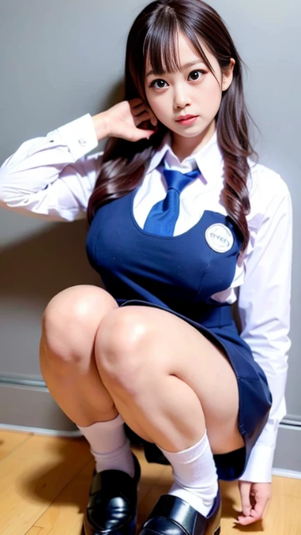 Thai, white collared shirt, necktie, pleated skirt, dark blue micromini skirt, loafers, Thighs look good,big breasts,squatting down